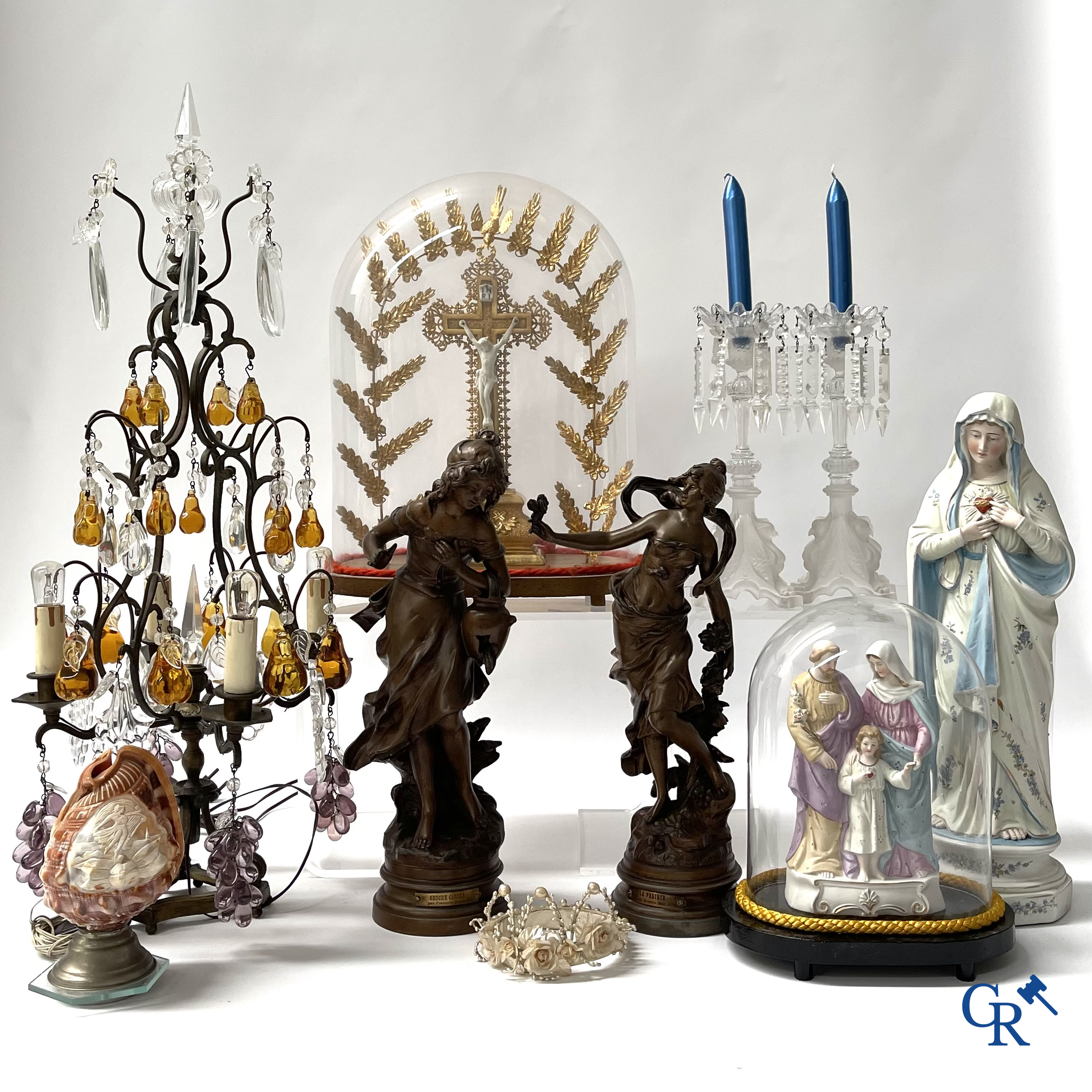 A large lot of brocante including Royal Dux, Biscuit statues, porcelain, globes, spelter statues, table lamp, chandelier etc.