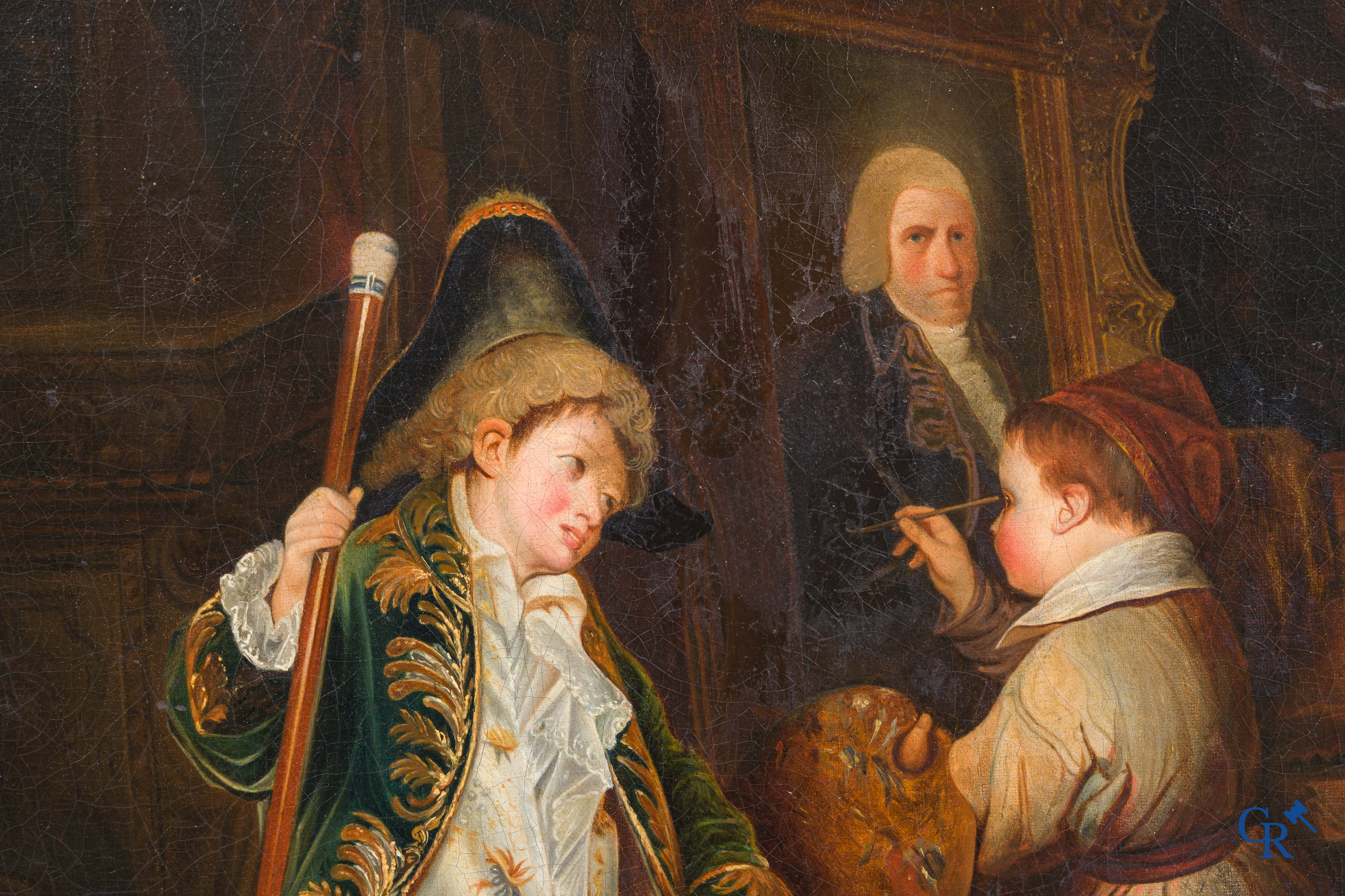 Schilderij, De portrettist, olie op doek. 19e eeuw.