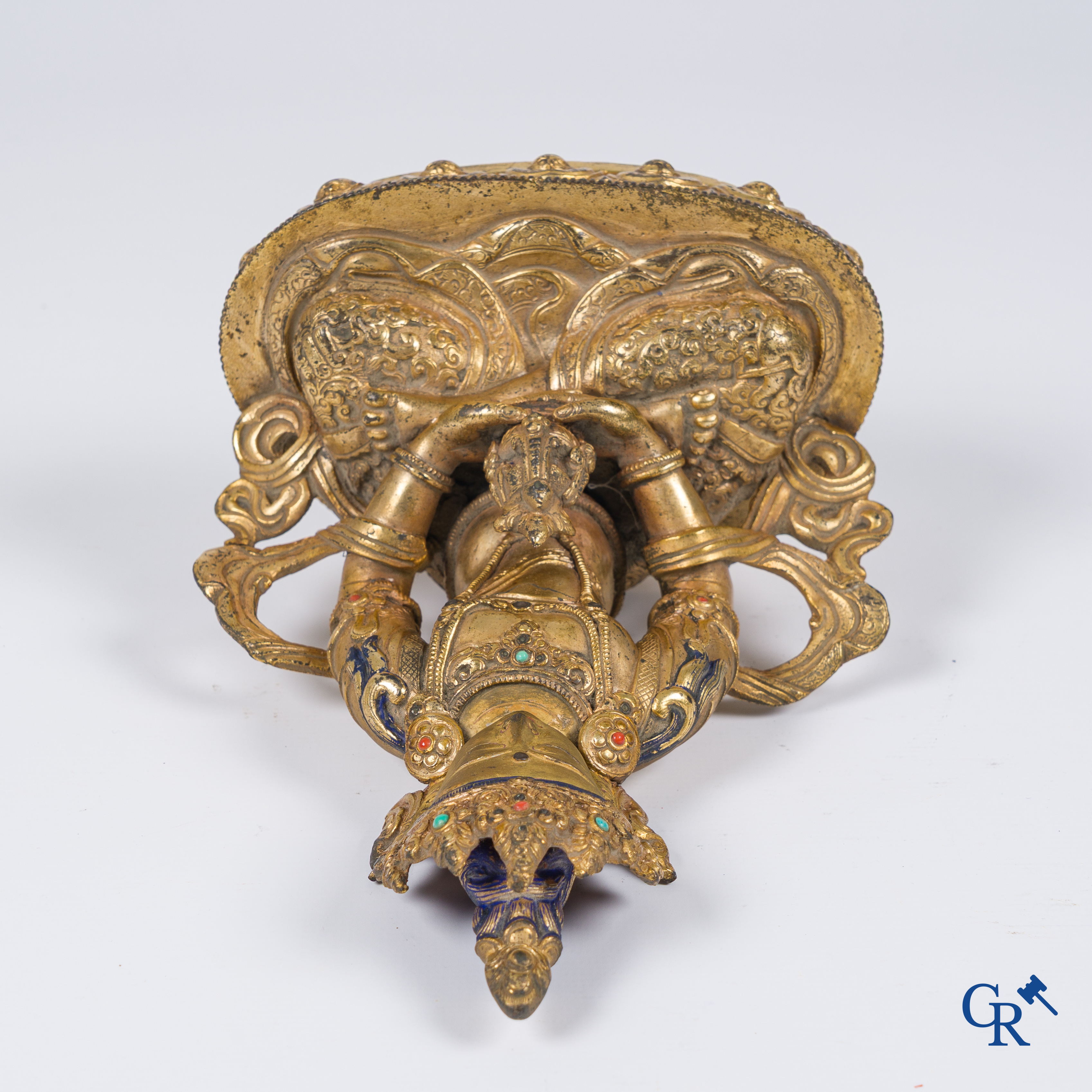 Asian Art, Tibet, a Chinese gilded Buddha Amitayus. Bronze with turquoise and coral inlay.