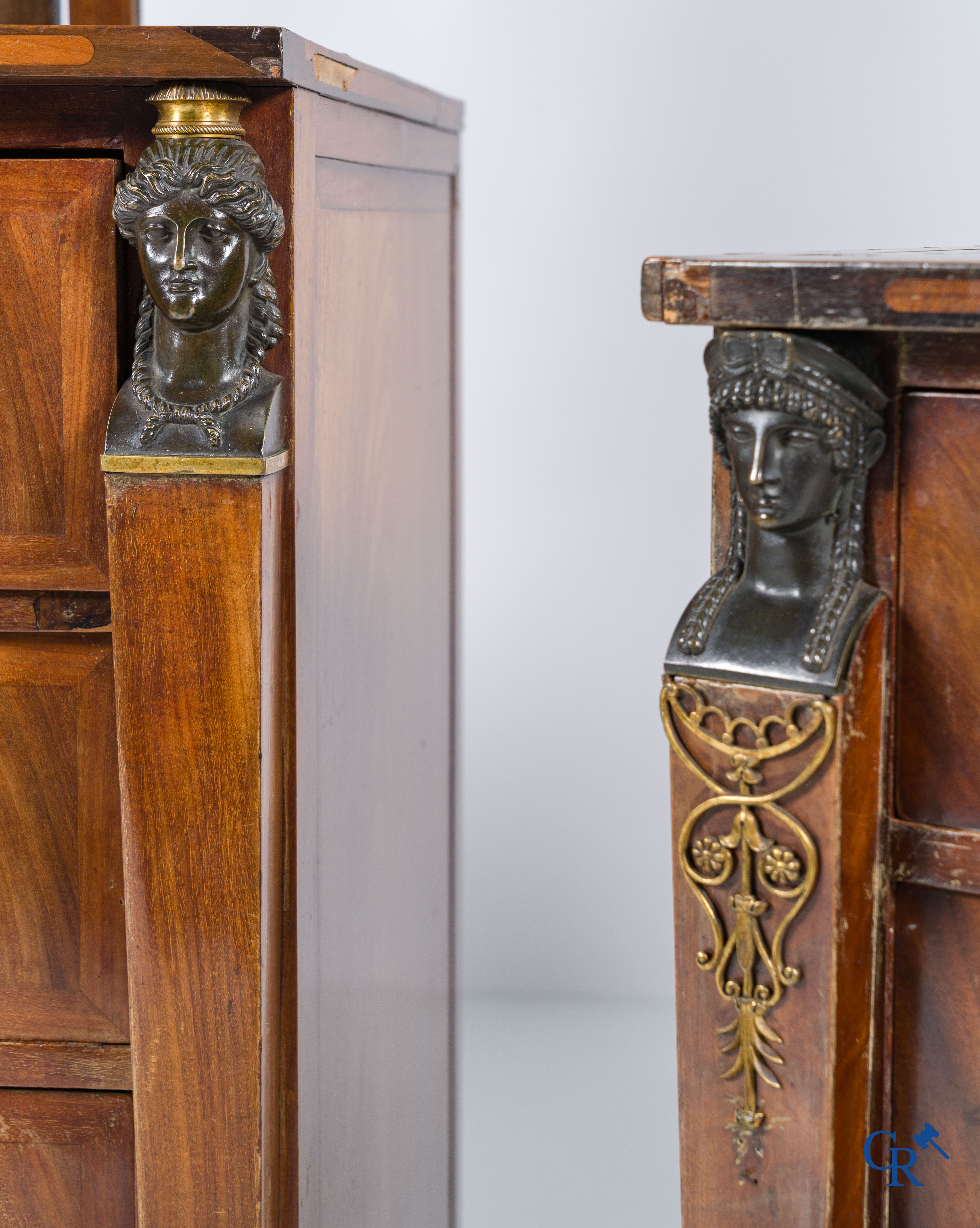Chapuis, a mahogany wooden men's dressing table and ladies' dressing table with chiseled bronzes. Empire, circa 1810.