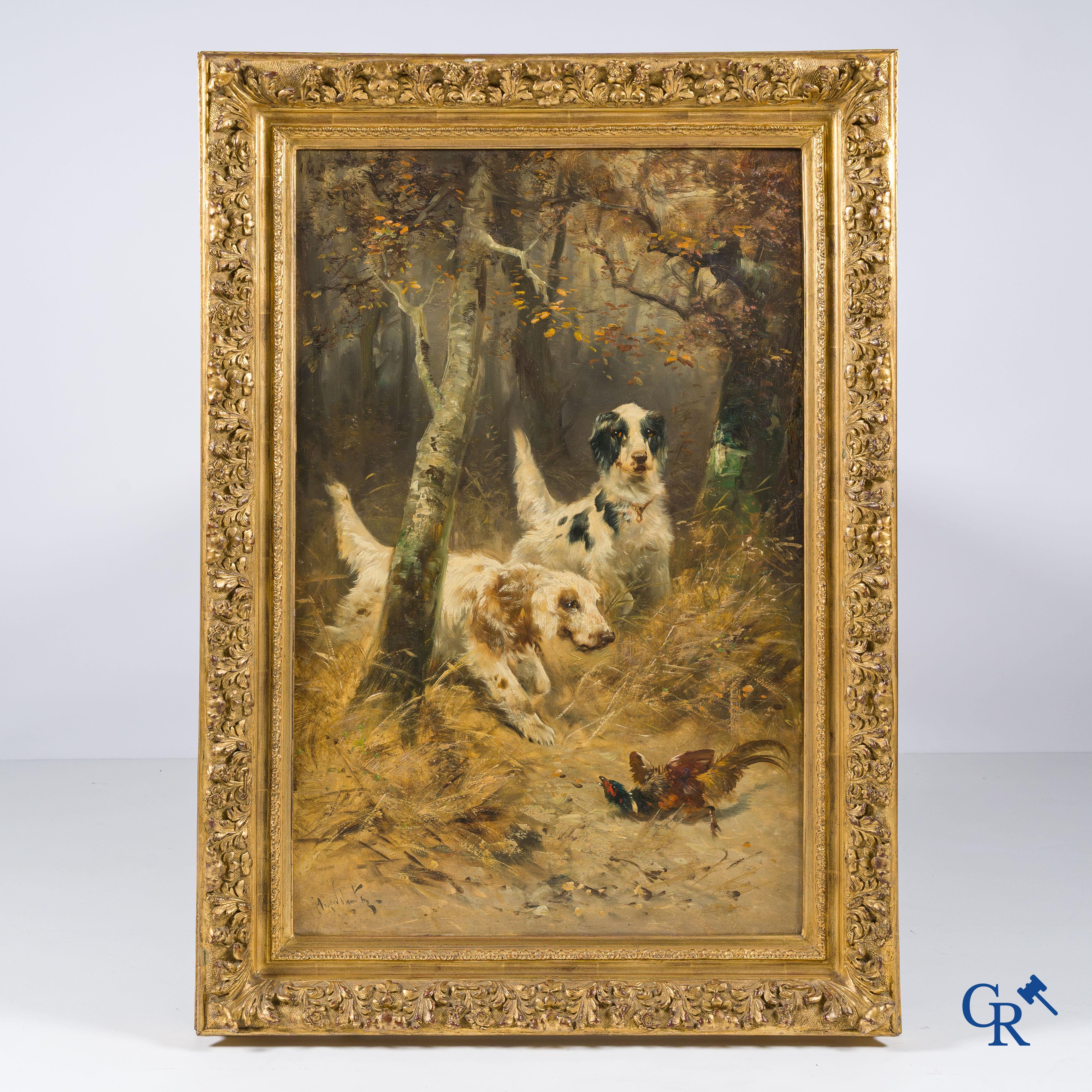 Henry Schouten, hunting dogs with pheasant. Oil on canvas. Signed lower left.