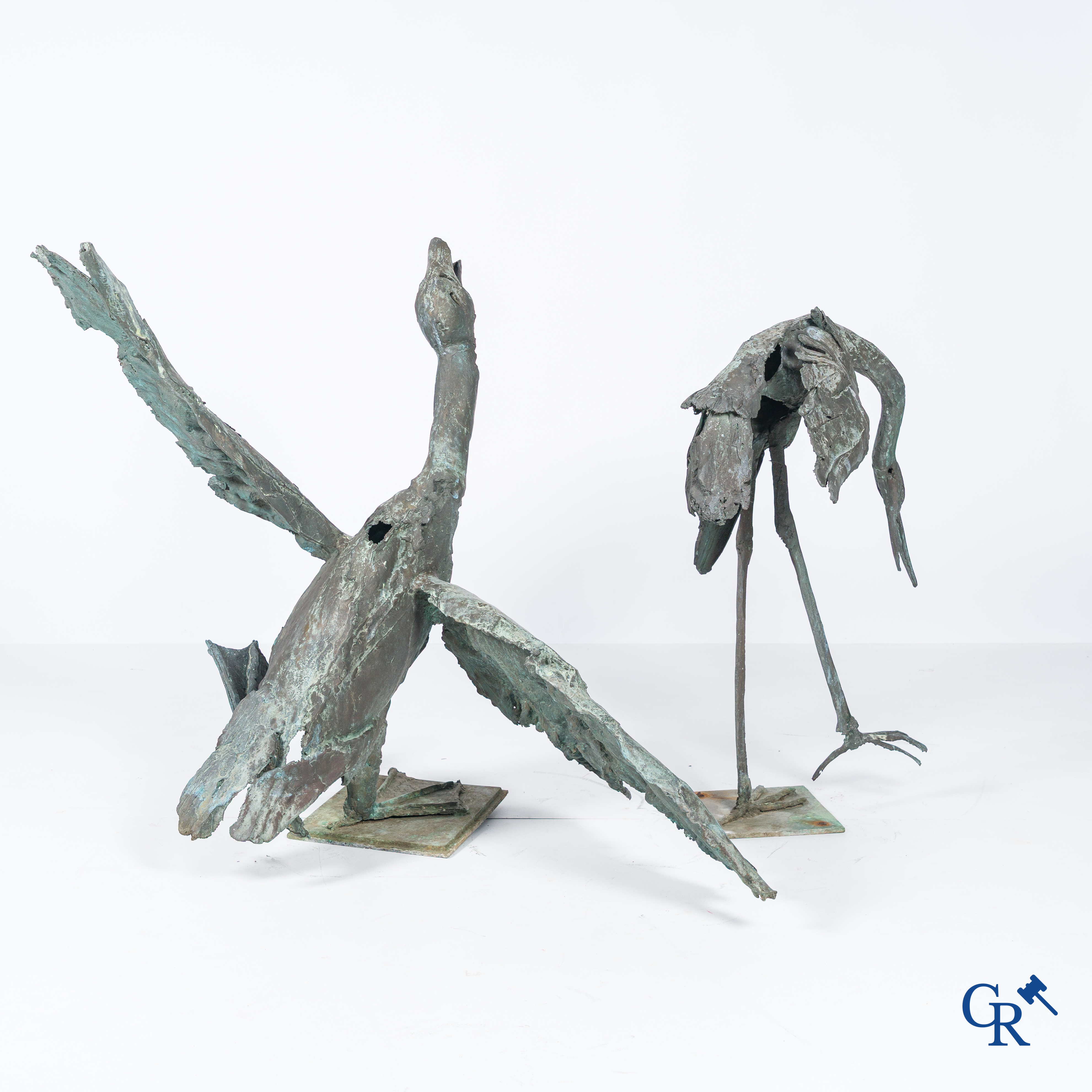 Jan Desmarets (1961) (*) Bronze, An imposing goose and a heron in patinated bronze. Signed.