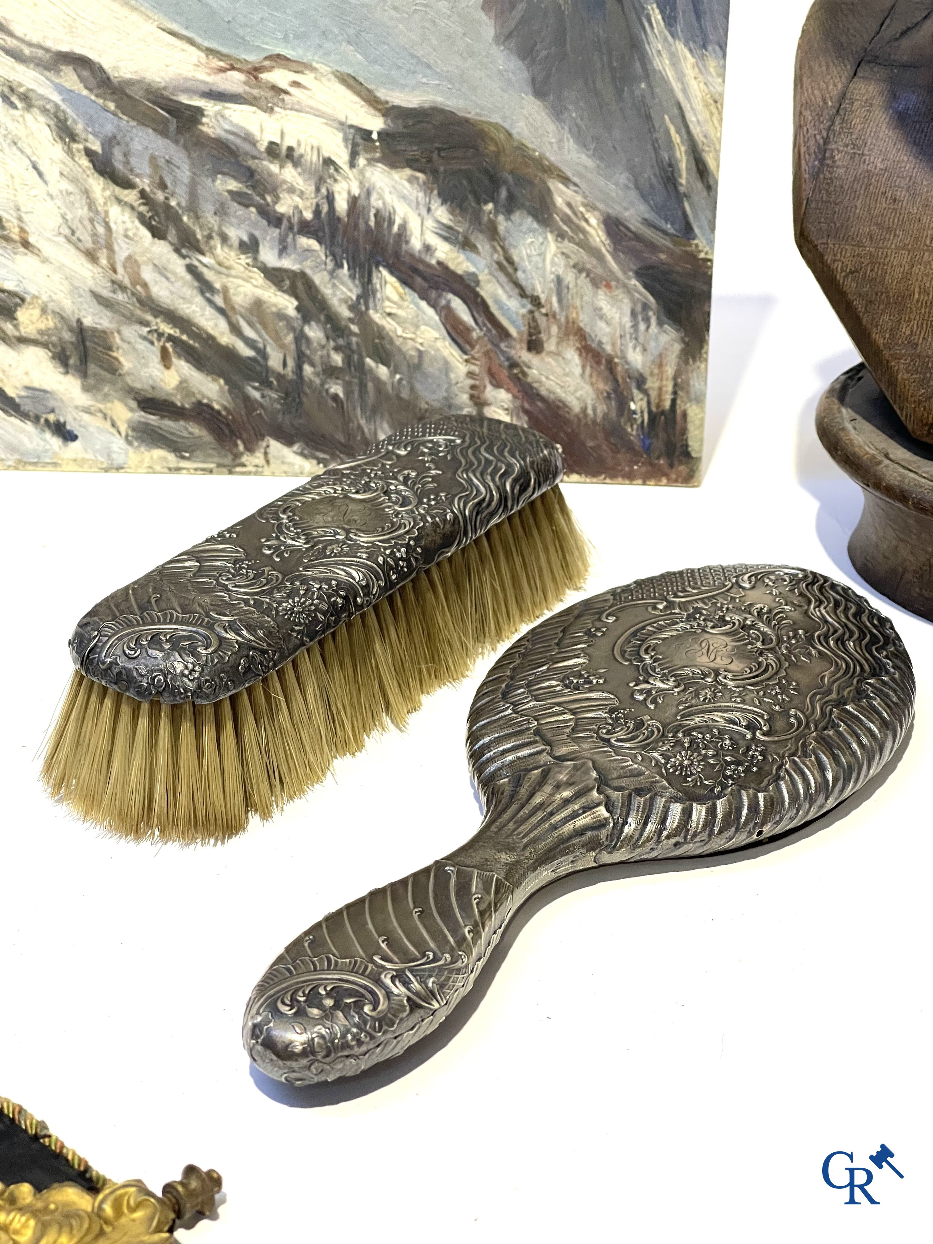 A nice lot of brocante, carafe with silver mounts, painting, wooden bust, old photo, etc.