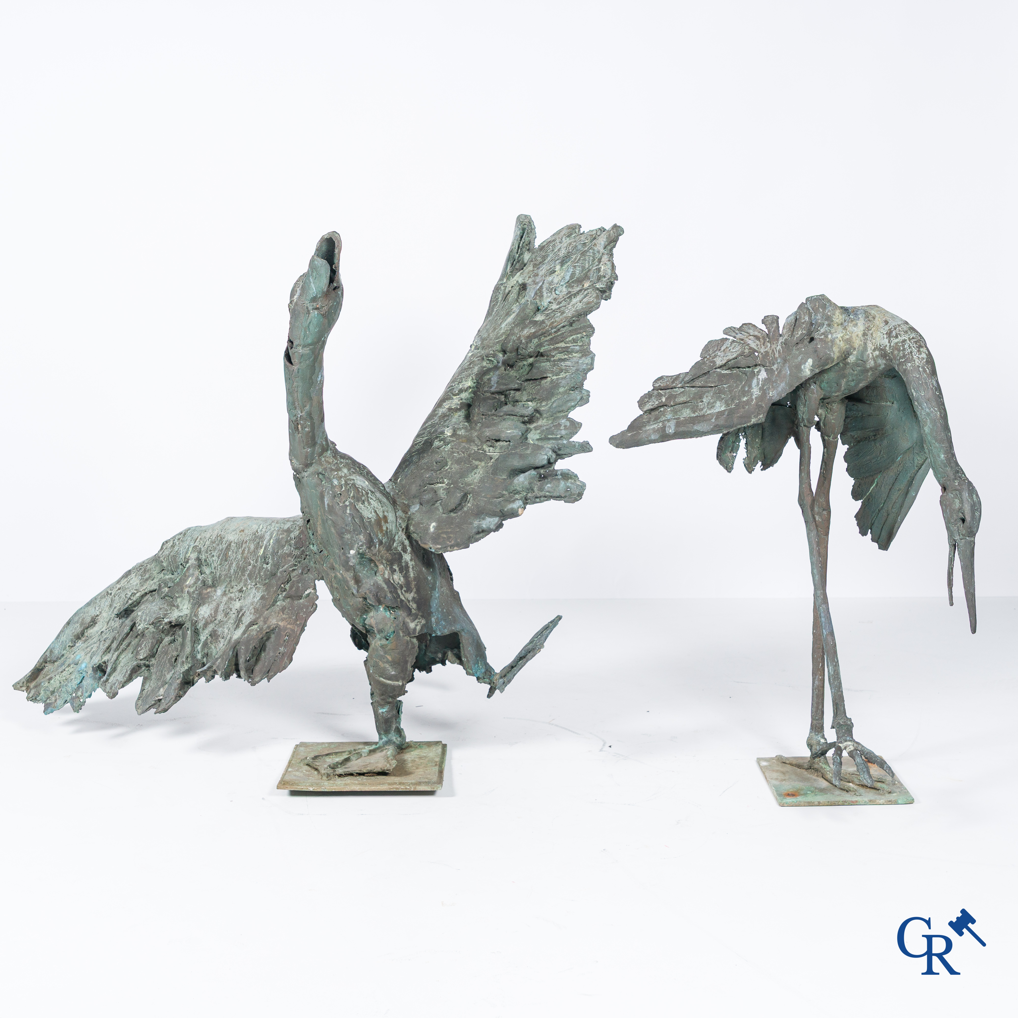Jan Desmarets (1961) (*) Bronze, An imposing goose and a heron in patinated bronze. Signed.