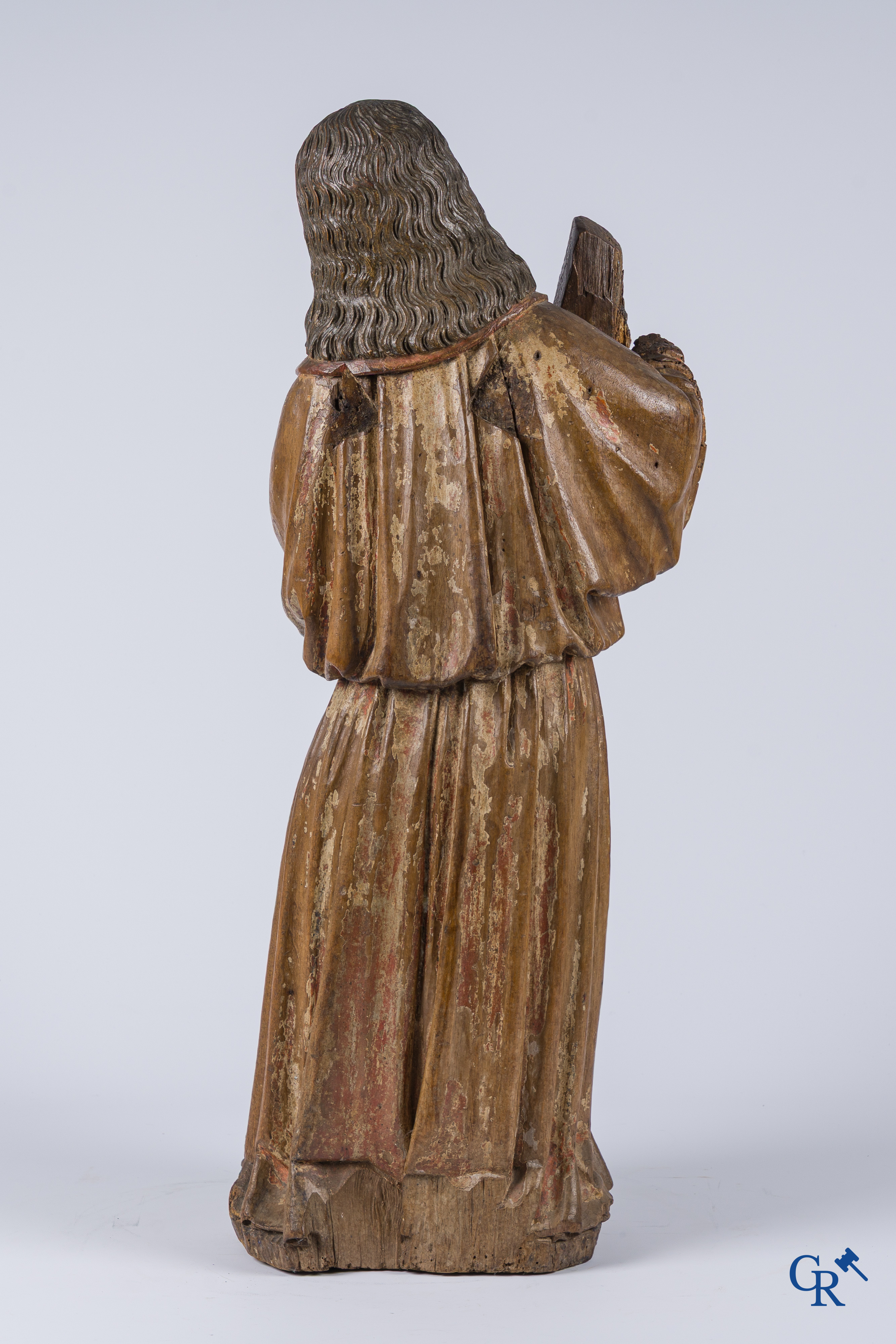 Religious objects, an antique wood carved representation of an archangel. Traces of polychromy.