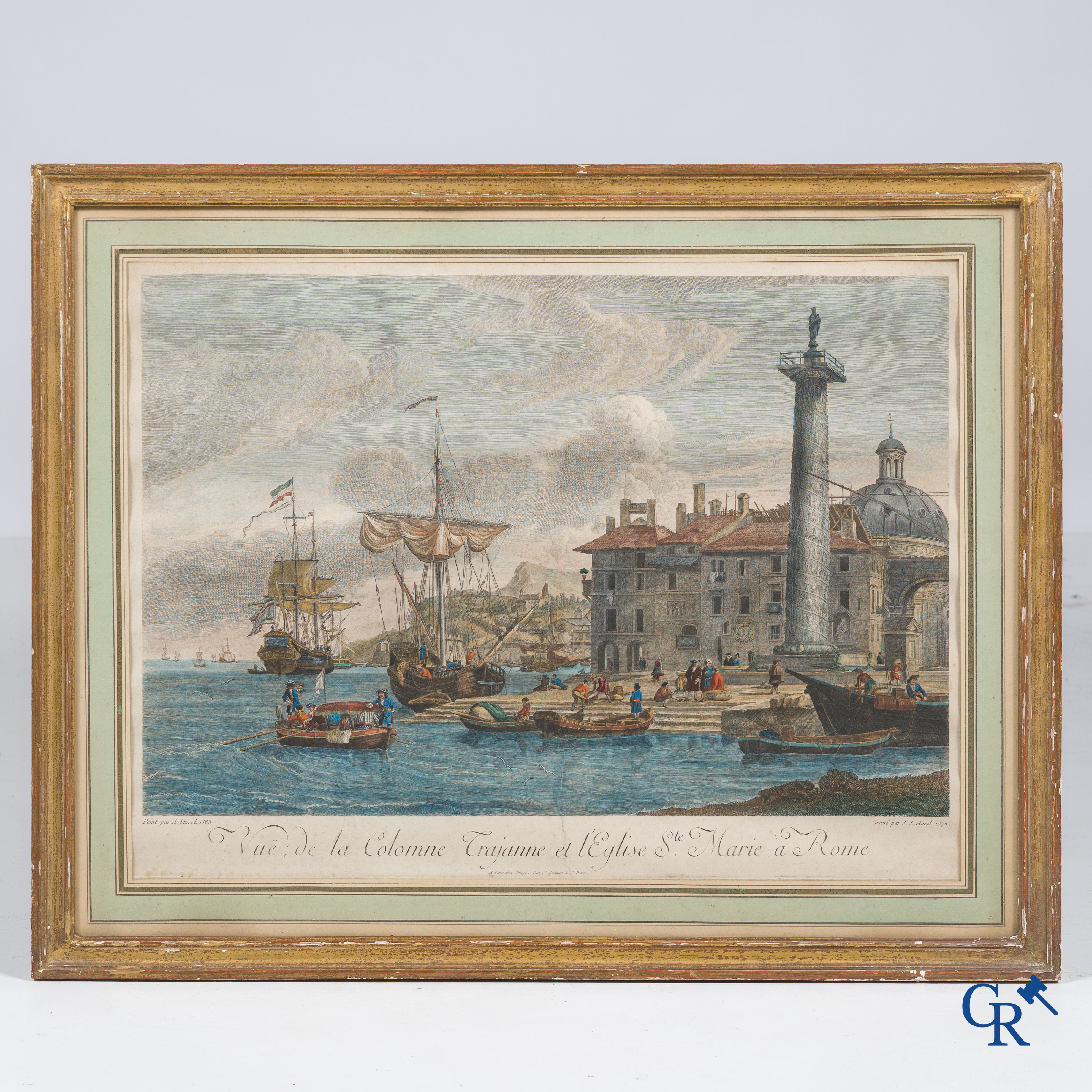 Vue de la Couronne Trajanne et l'Eglise Ste Marie à Rome. Coloured engraving. Avril & Storck.