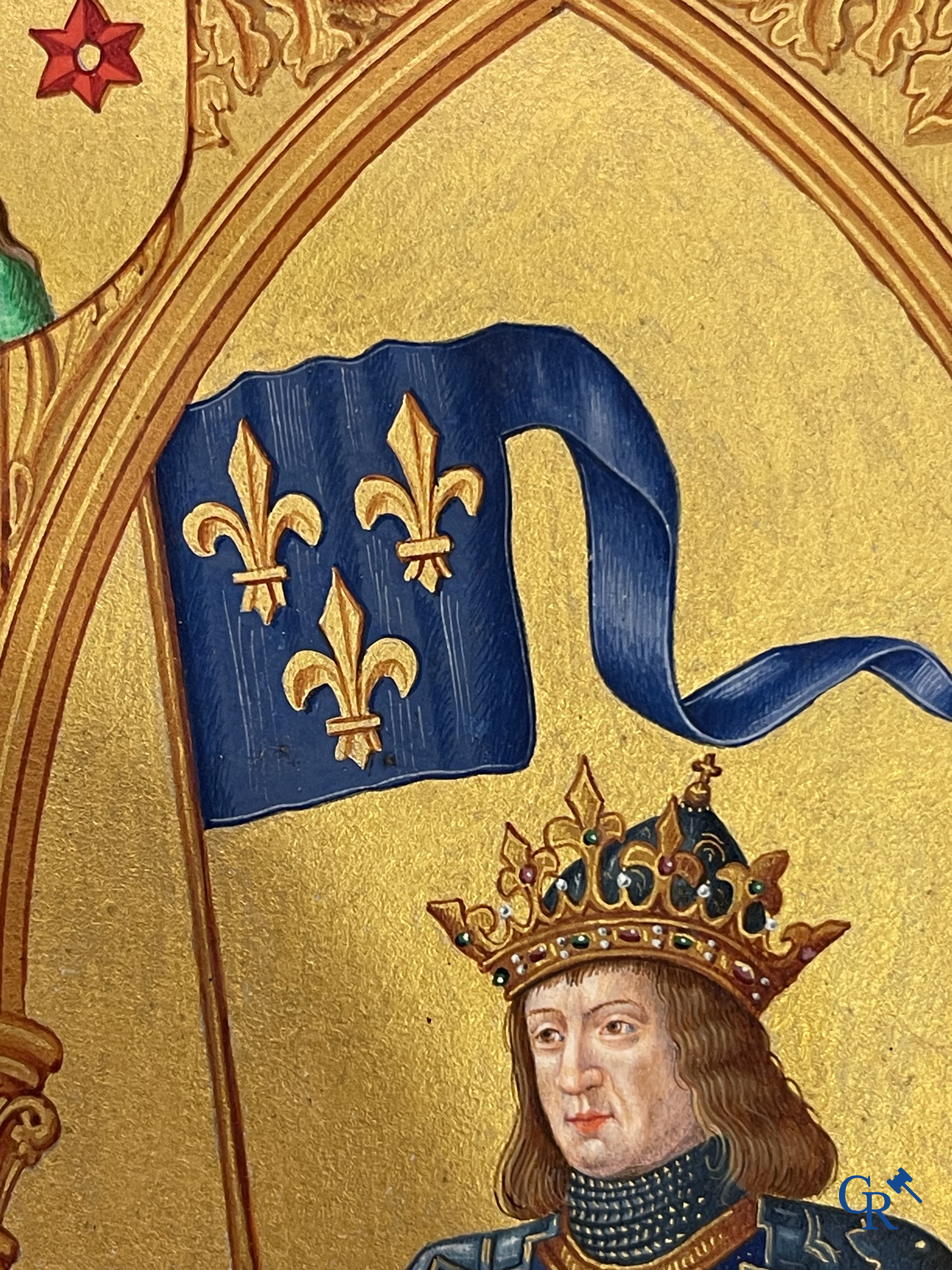 Uitzonderlijk miniatuurschilderij, Madonna en kind met de engelen. In de stijl van de Vlaamse Primitieven. 19e eeuw.