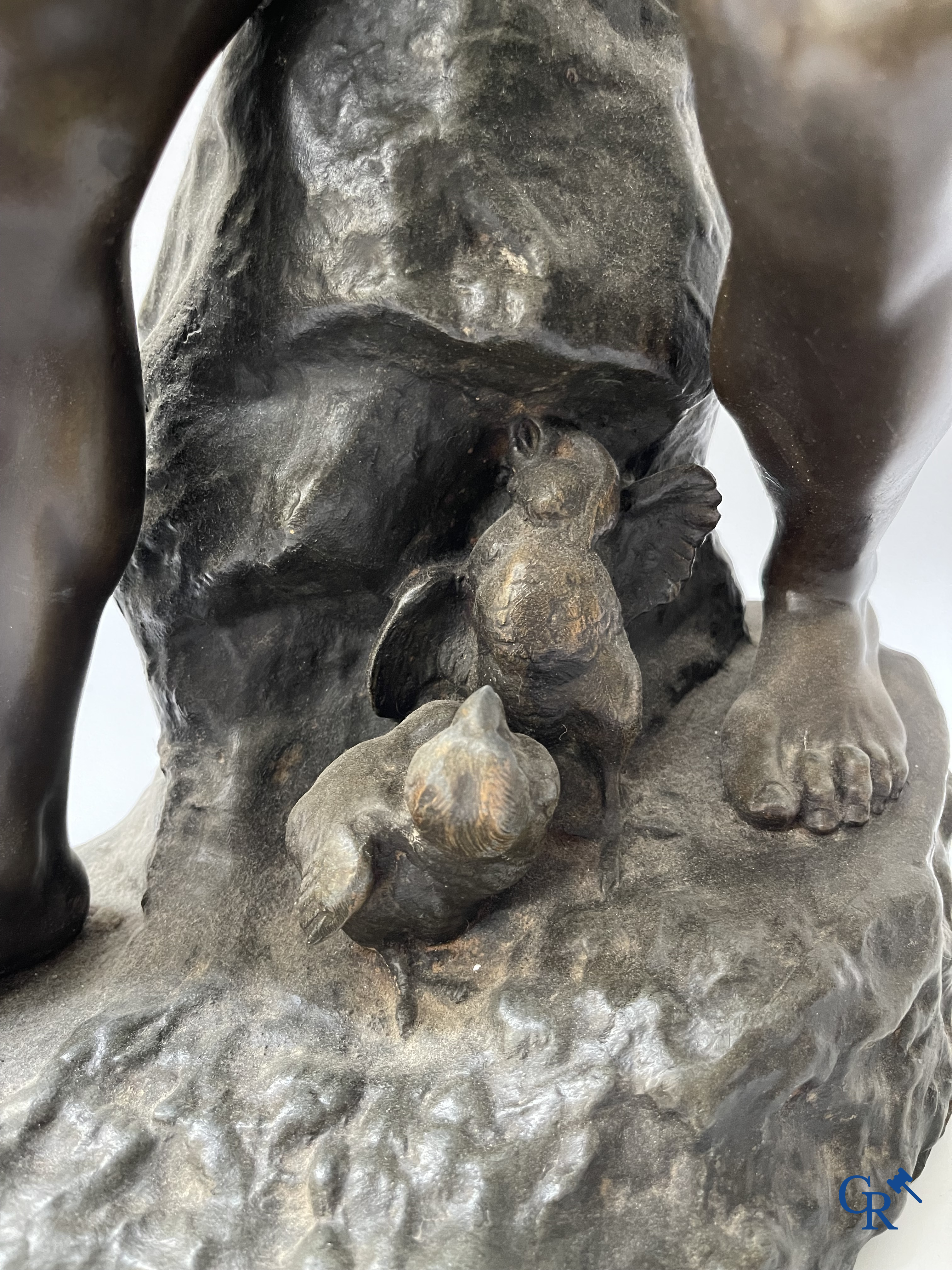 A lot of 3 sculptures in spelter. Anatole Guillot, Emile Bruchon, Rousseau. Circa 1900.