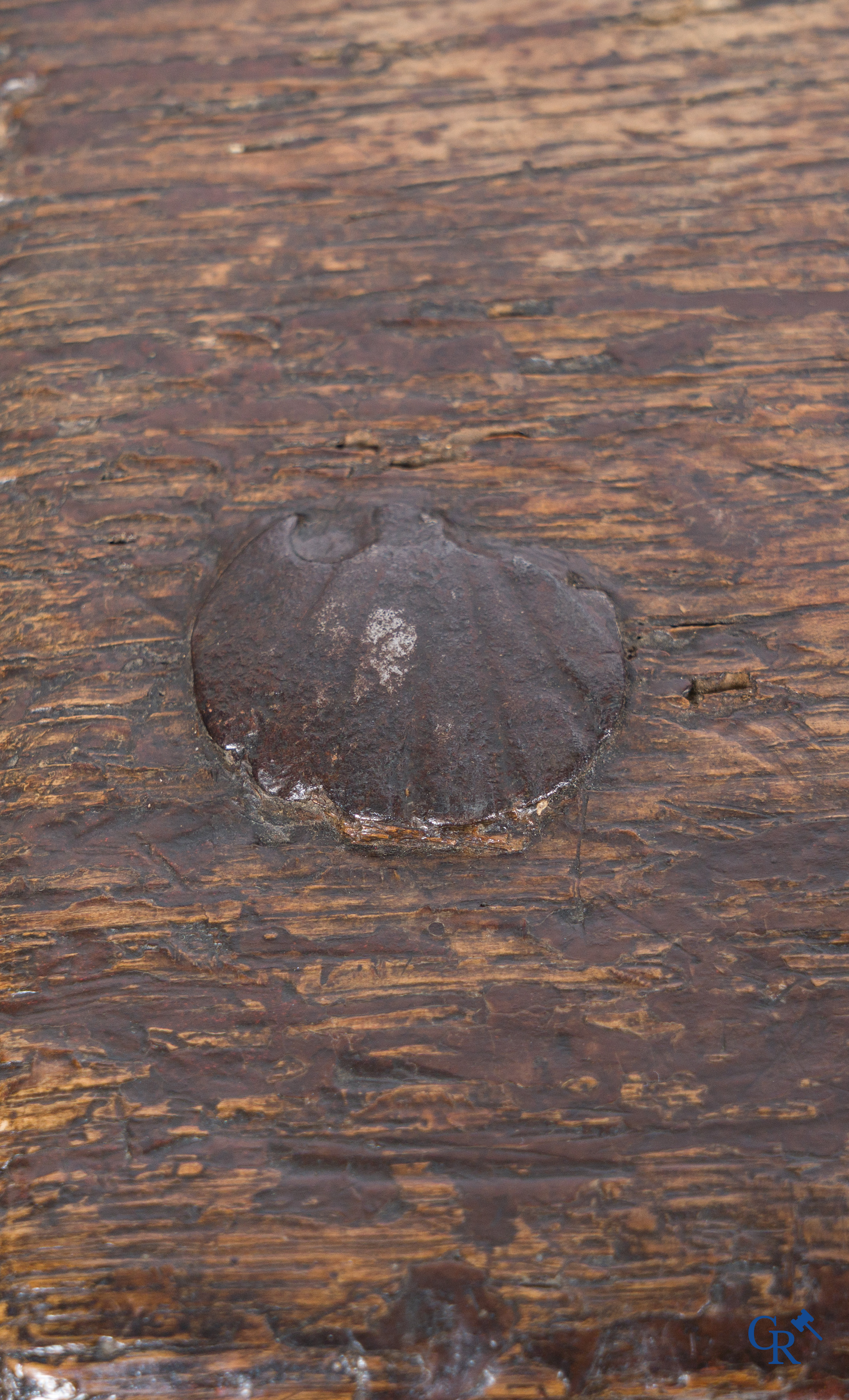 Gotiek. Een Gotische eikenhouten gesculpteerde koffer met zijn slotwerk in smeedijzer. 2de helft 15e eeuw.