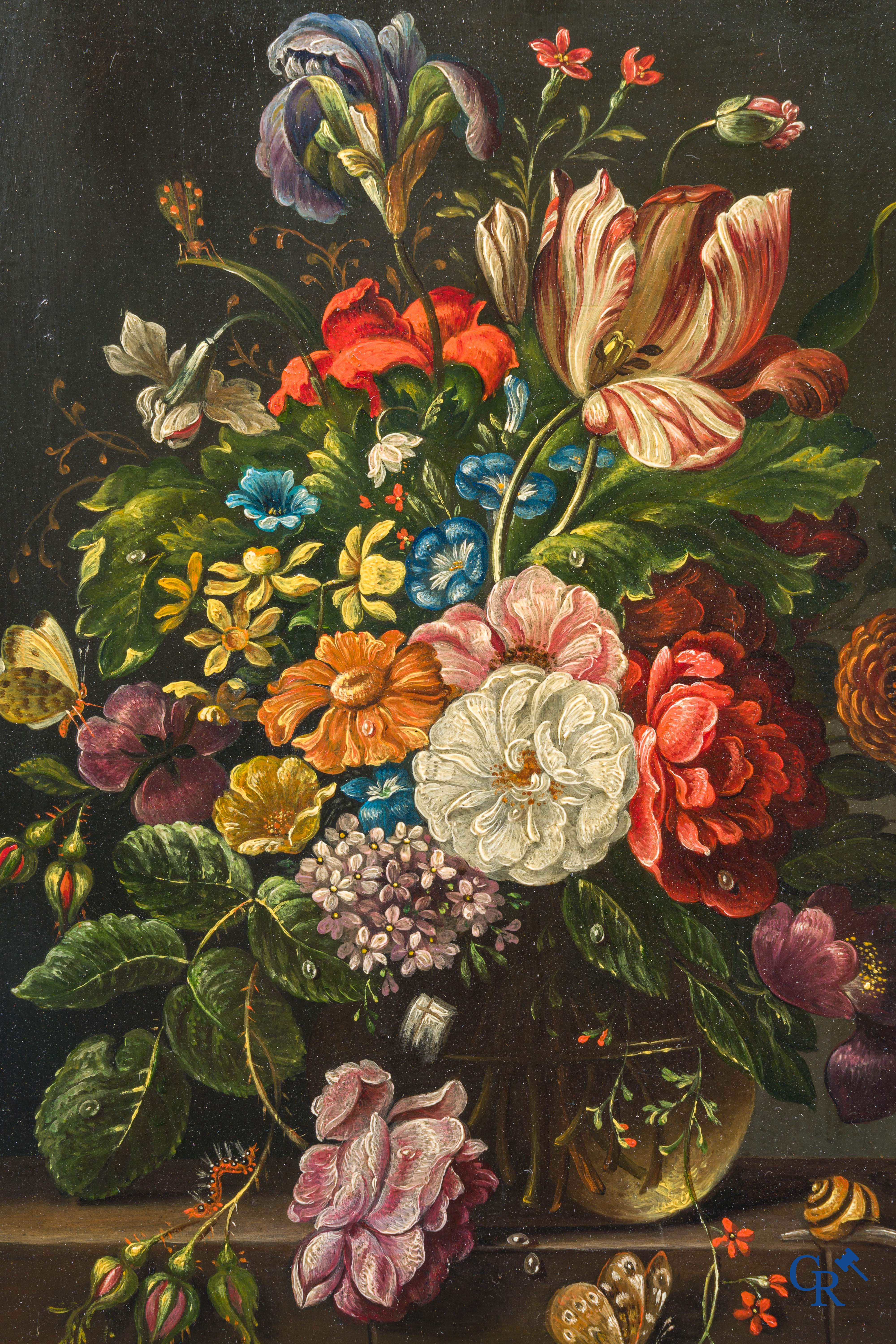 Peinture. Nature morte aux fleurs et aux insectes. Huile sur cuivre. 18e-19e siècle.