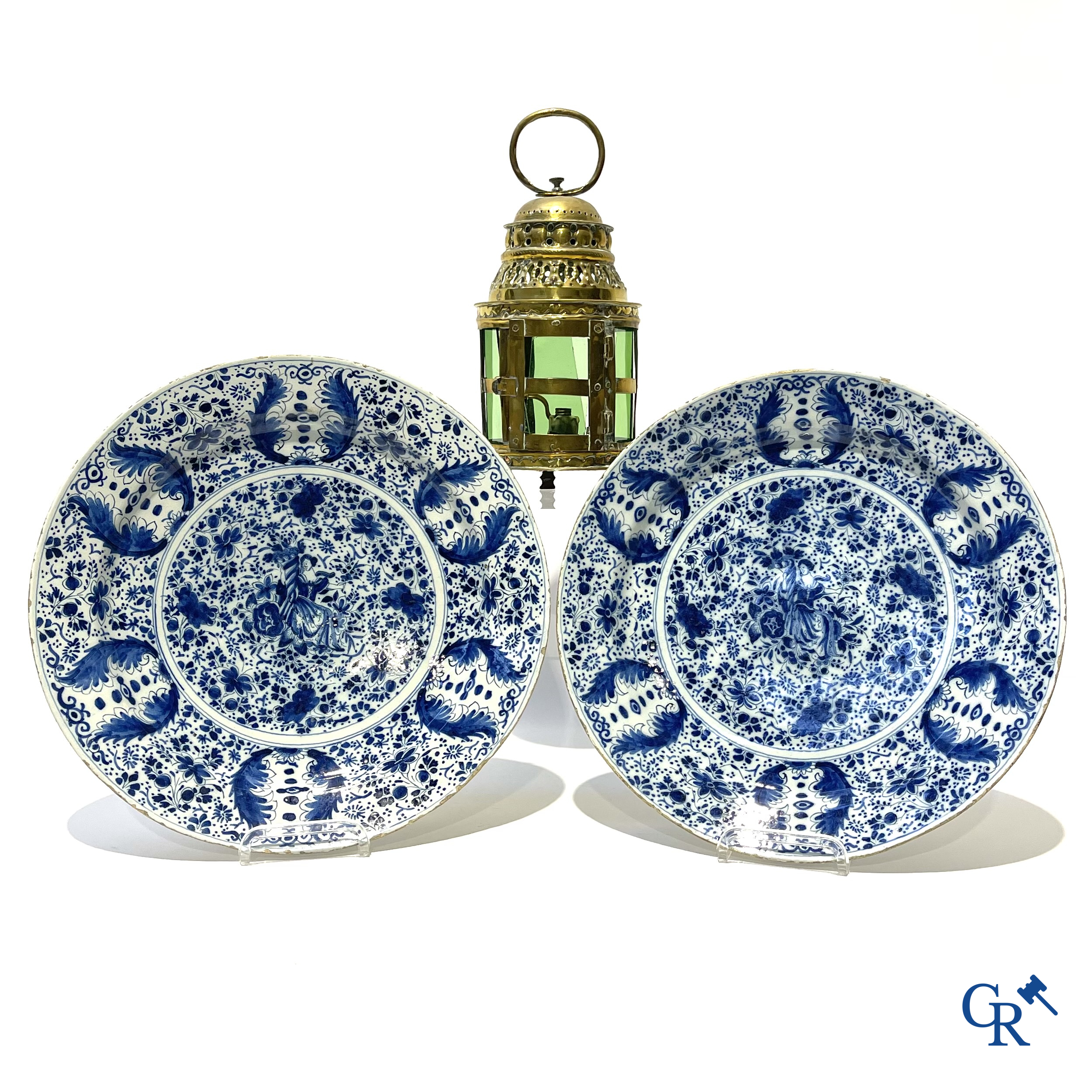 2 large plates in Delft pottery and a copper lantern. 18th century.