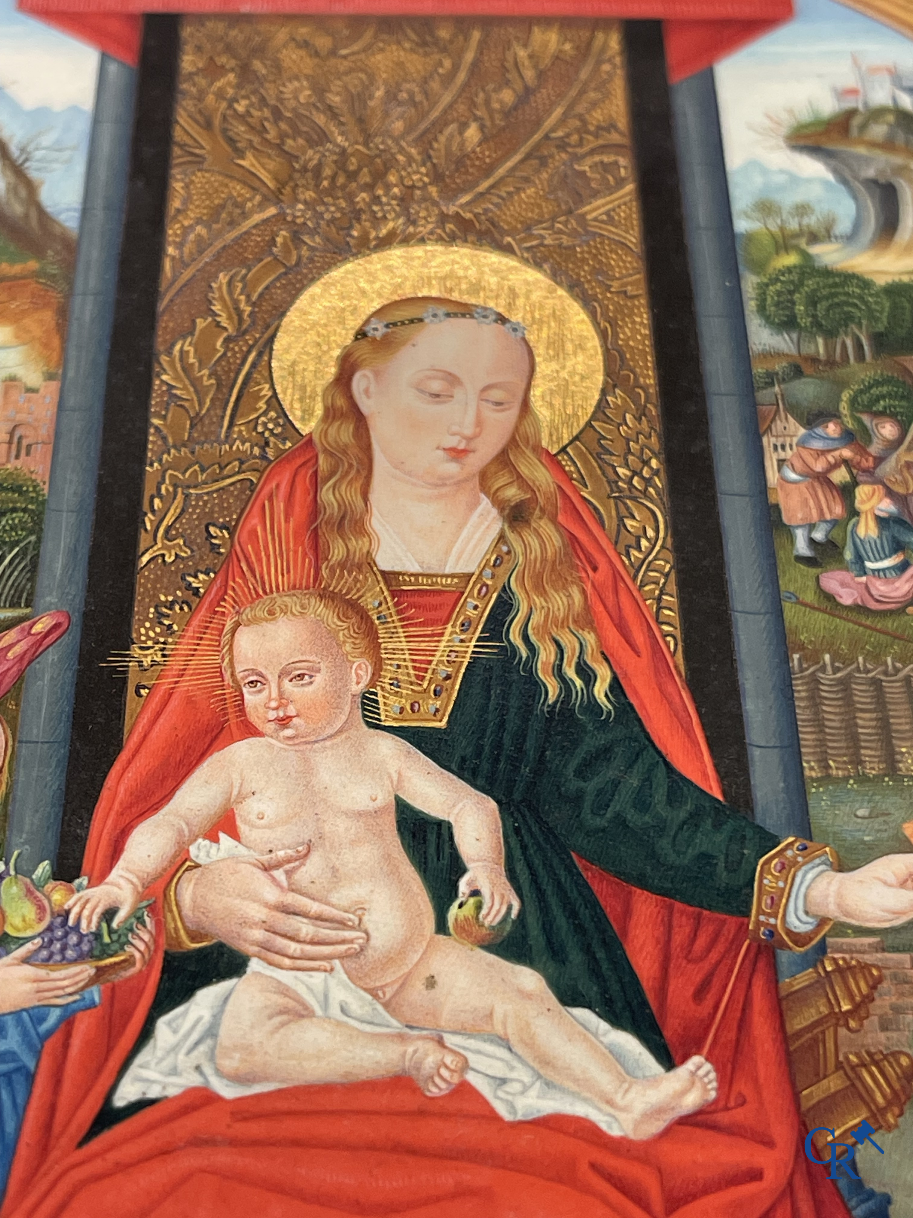 Uitzonderlijk miniatuurschilderij, Madonna en kind met de engelen. In de stijl van de Vlaamse Primitieven. 19e eeuw.