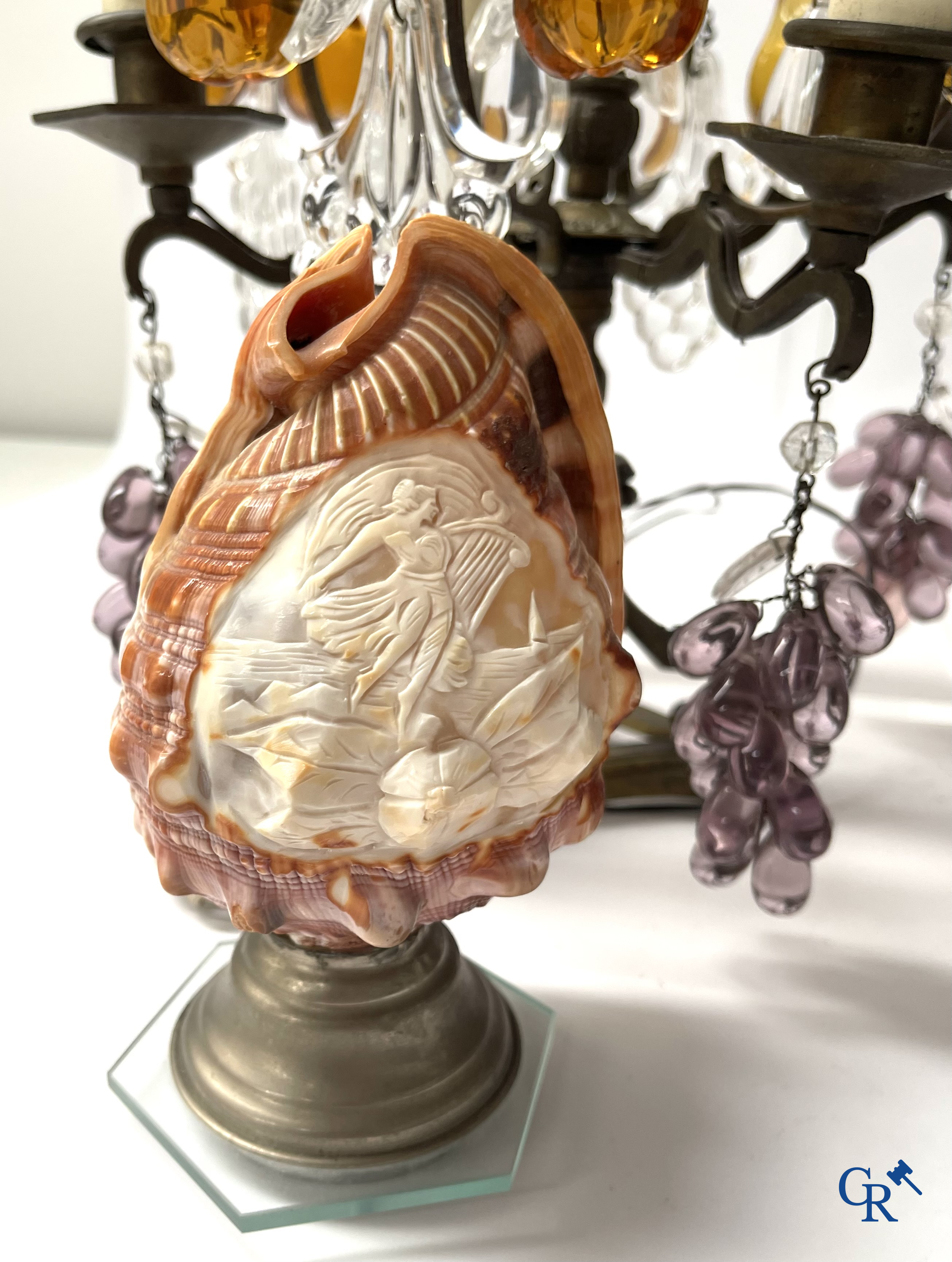 A large lot of brocante including Royal Dux, Biscuit statues, porcelain, globes, spelter statues, table lamp, chandelier etc.