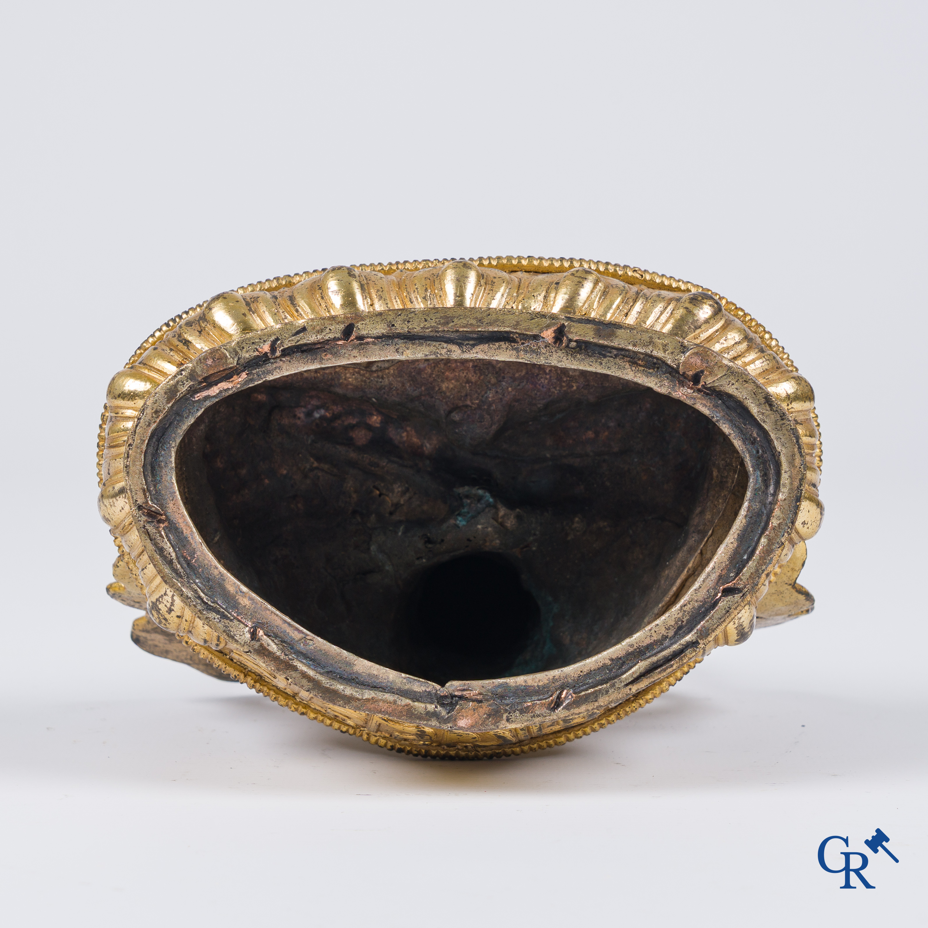 Asian Art, Tibet, a Chinese gilded Buddha Amitayus. Bronze with turquoise and coral inlay.