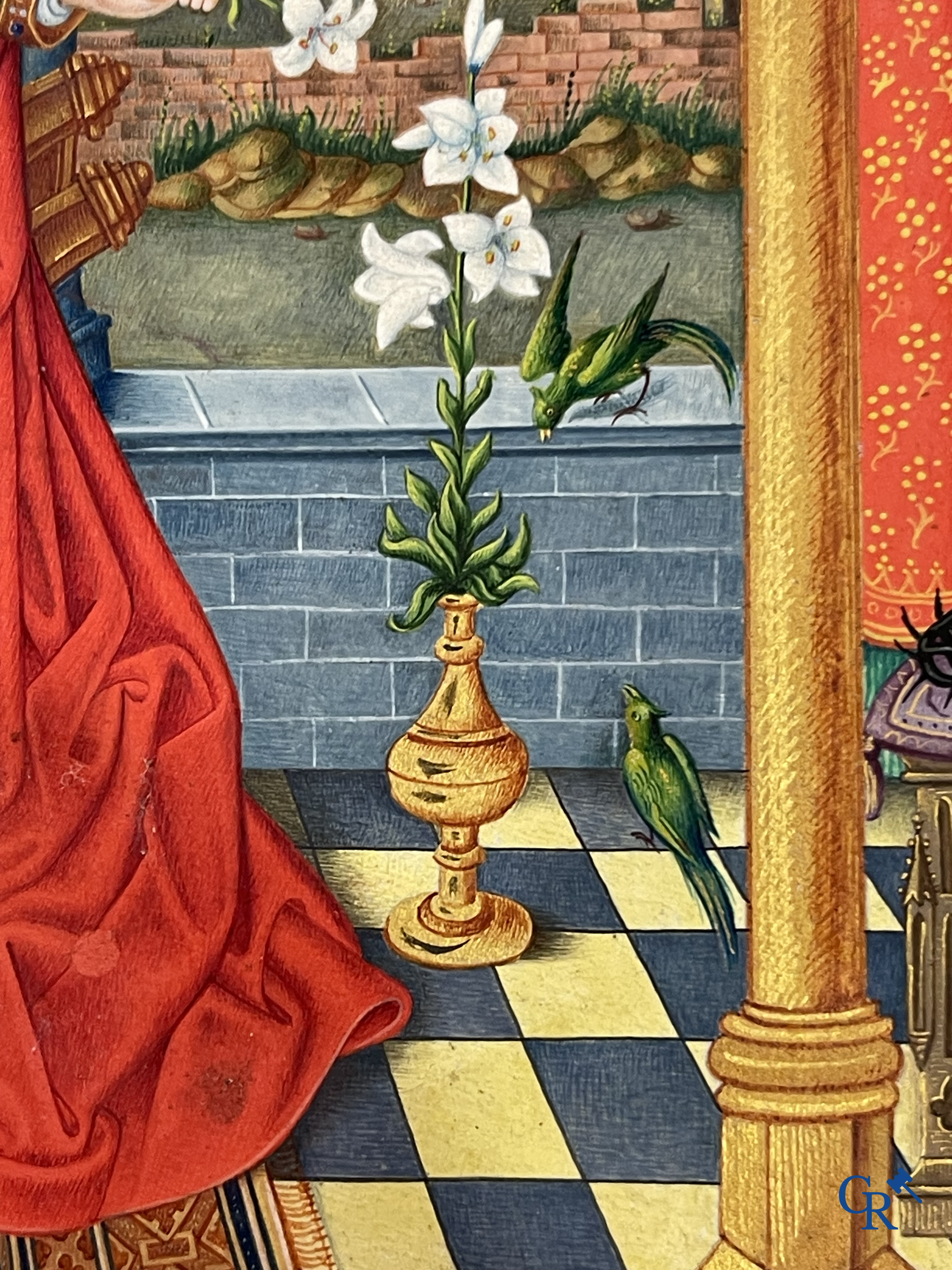 Uitzonderlijk miniatuurschilderij, Madonna en kind met de engelen. In de stijl van de Vlaamse Primitieven. 19e eeuw.