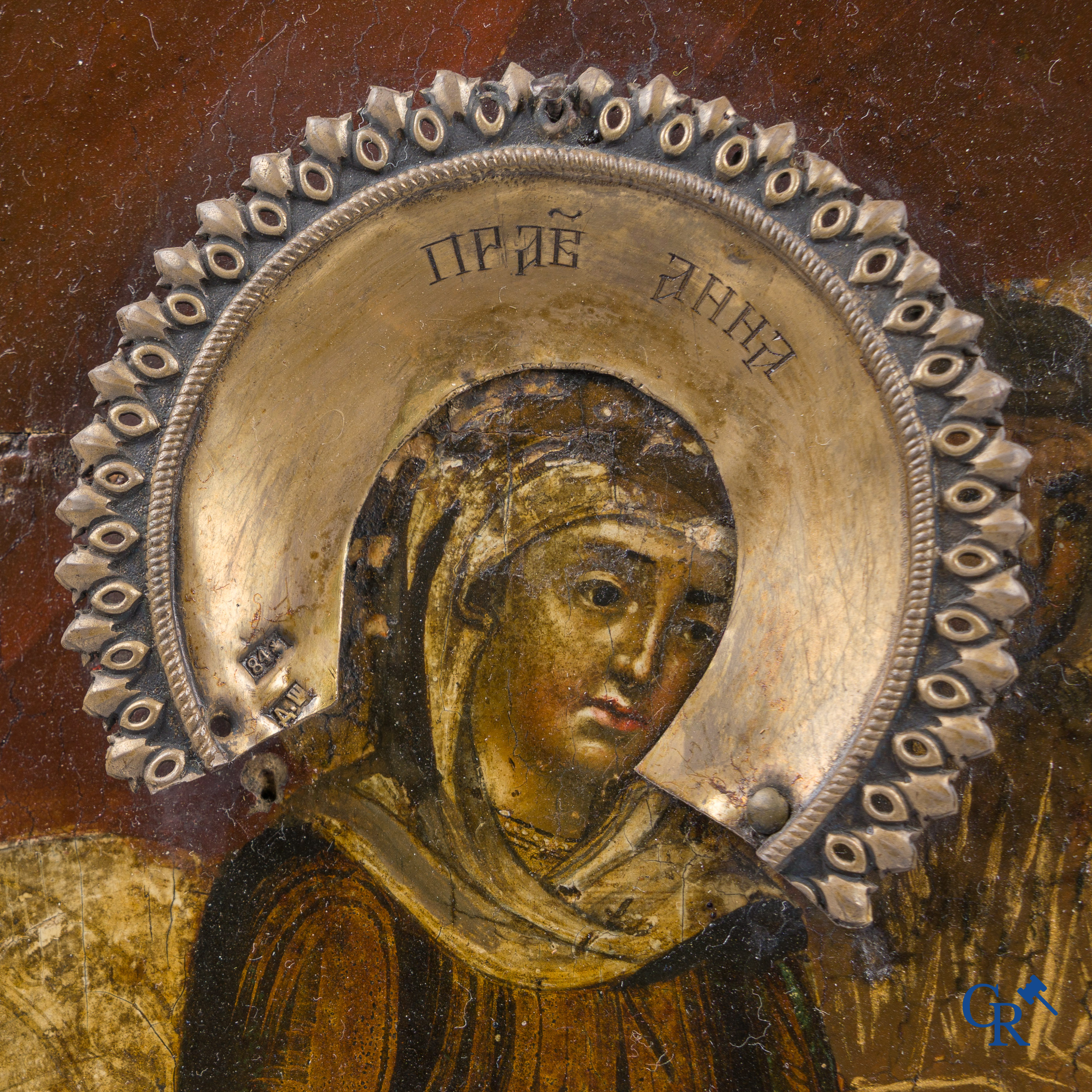 Russian work. The birth of Jesus. Important Russian icon with silver oklad. Silver grade 84 and dated 1883.