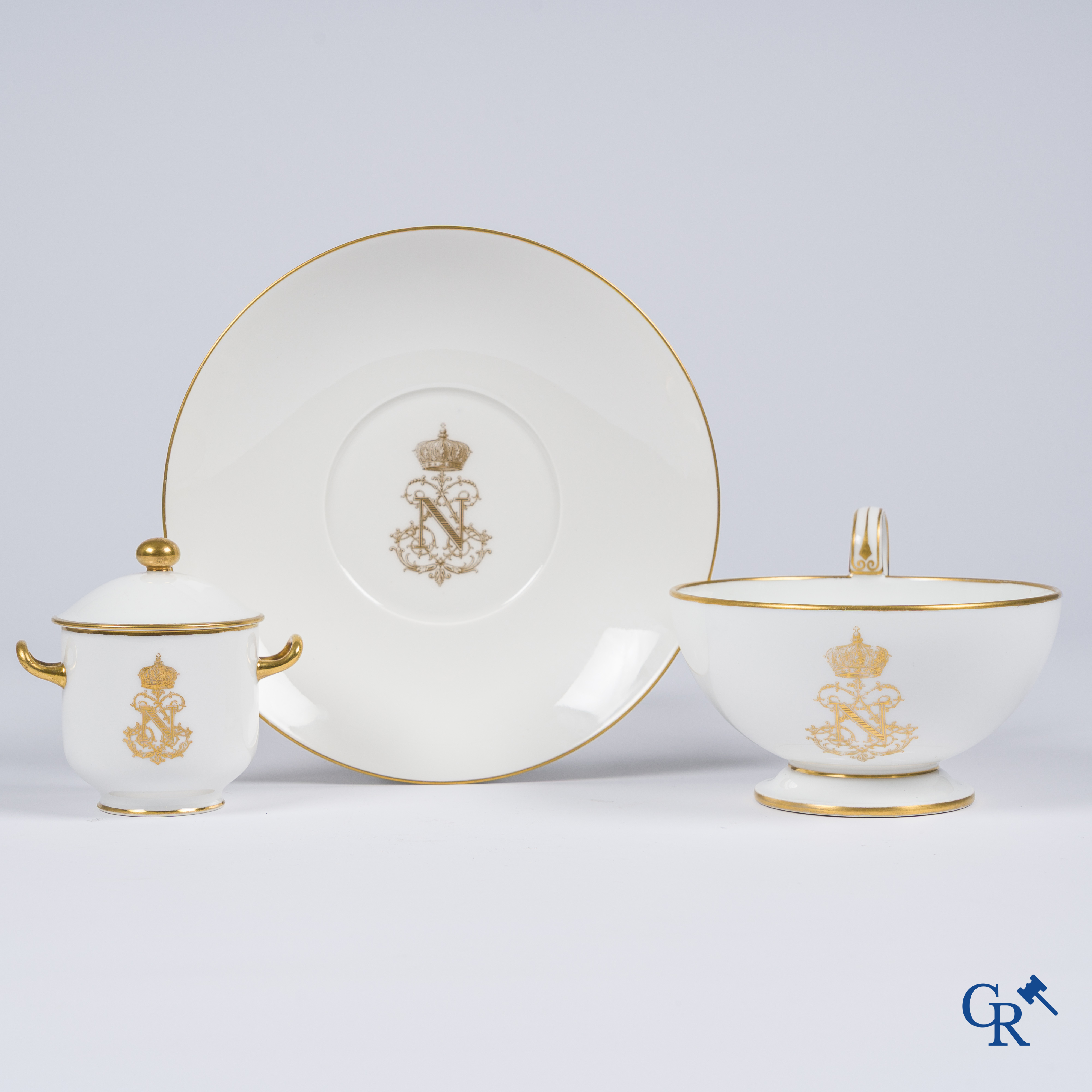 Sèvres, Napoléon III. Large cup and saucer, a small sugar pot attached. Marked and dated 1861, '64 and '67.