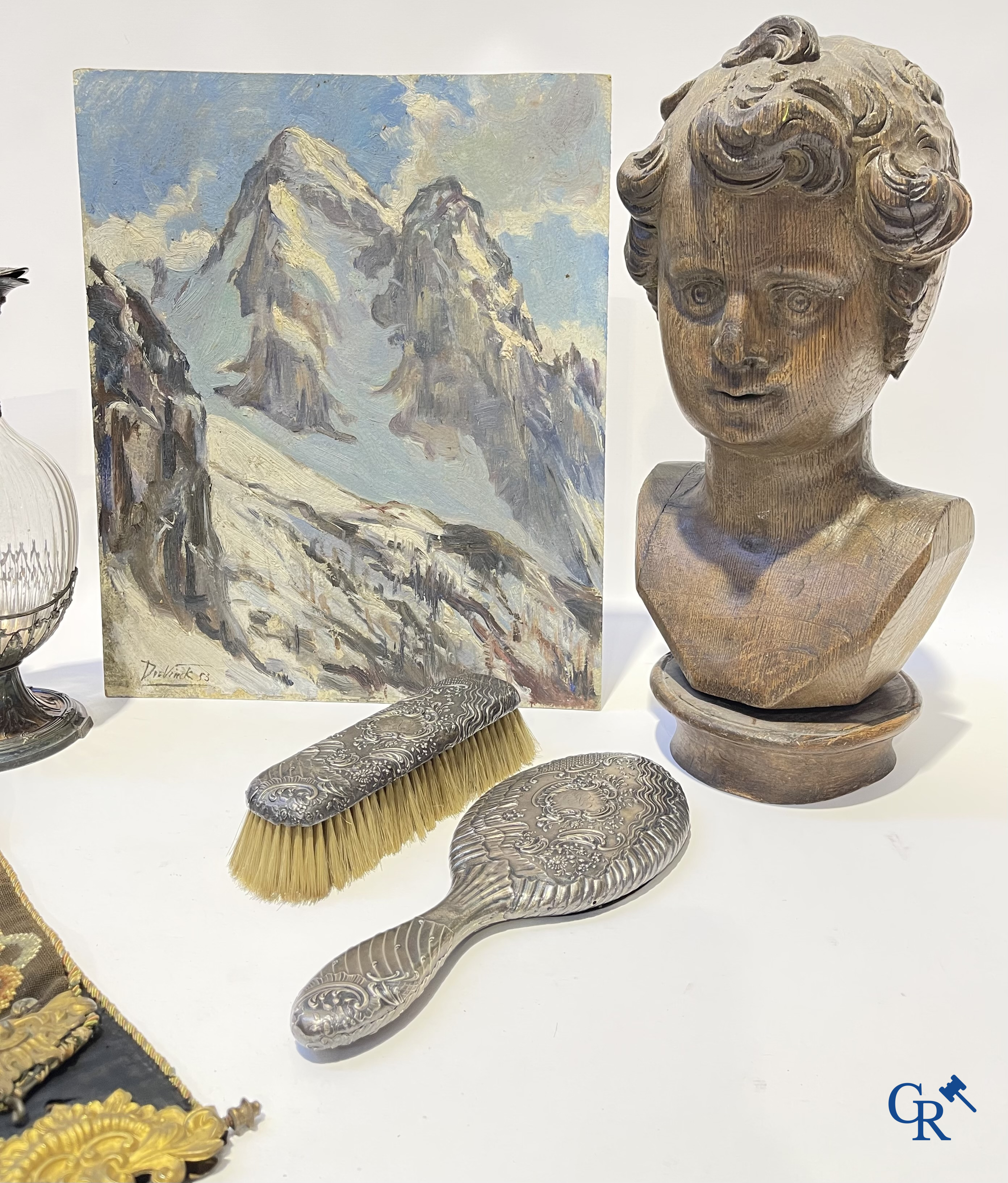 A nice lot of brocante, carafe with silver mounts, painting, wooden bust, old photo, etc.