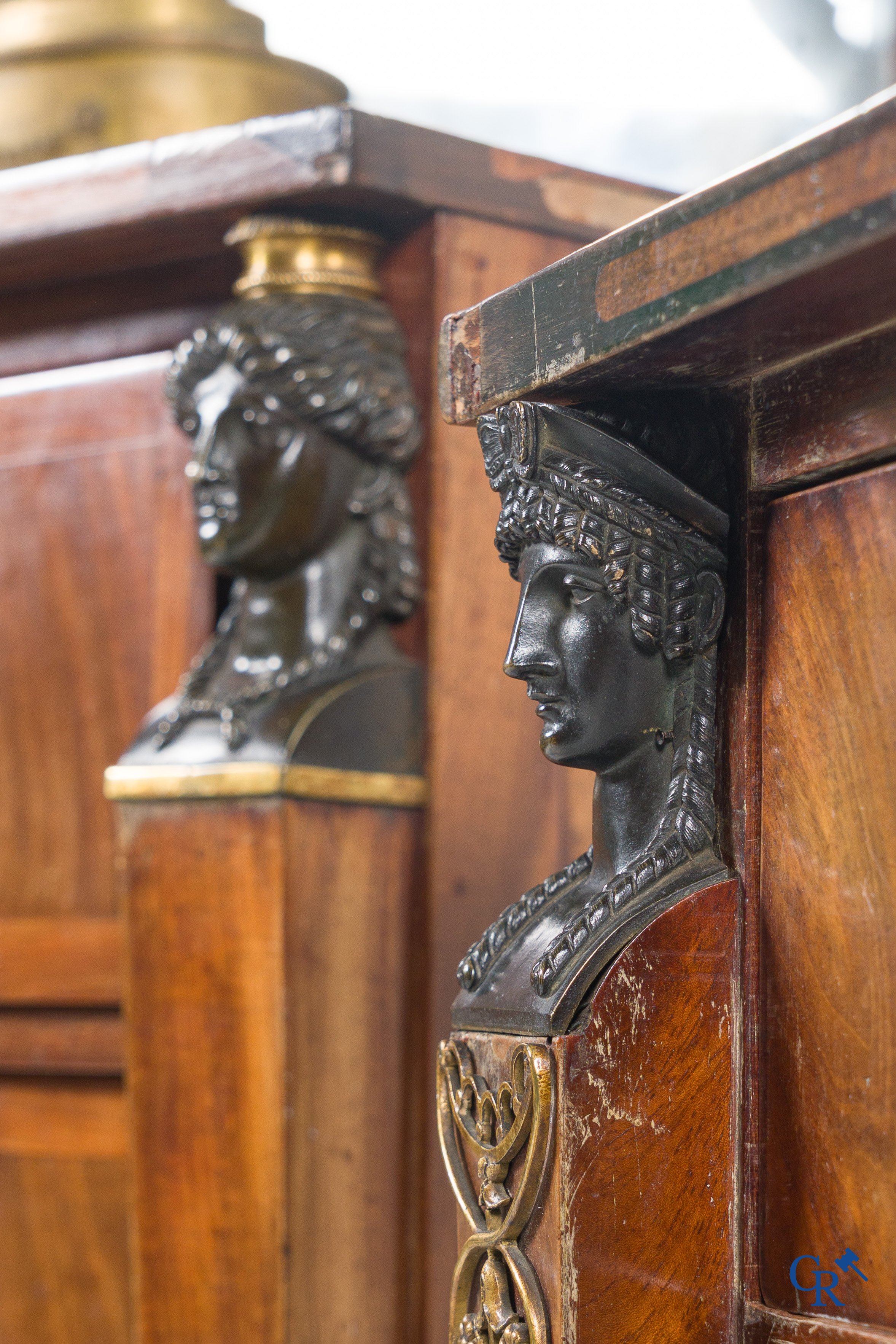 Chapuis, a mahogany wooden men's dressing table and ladies' dressing table with chiseled bronzes. Empire, circa 1810.