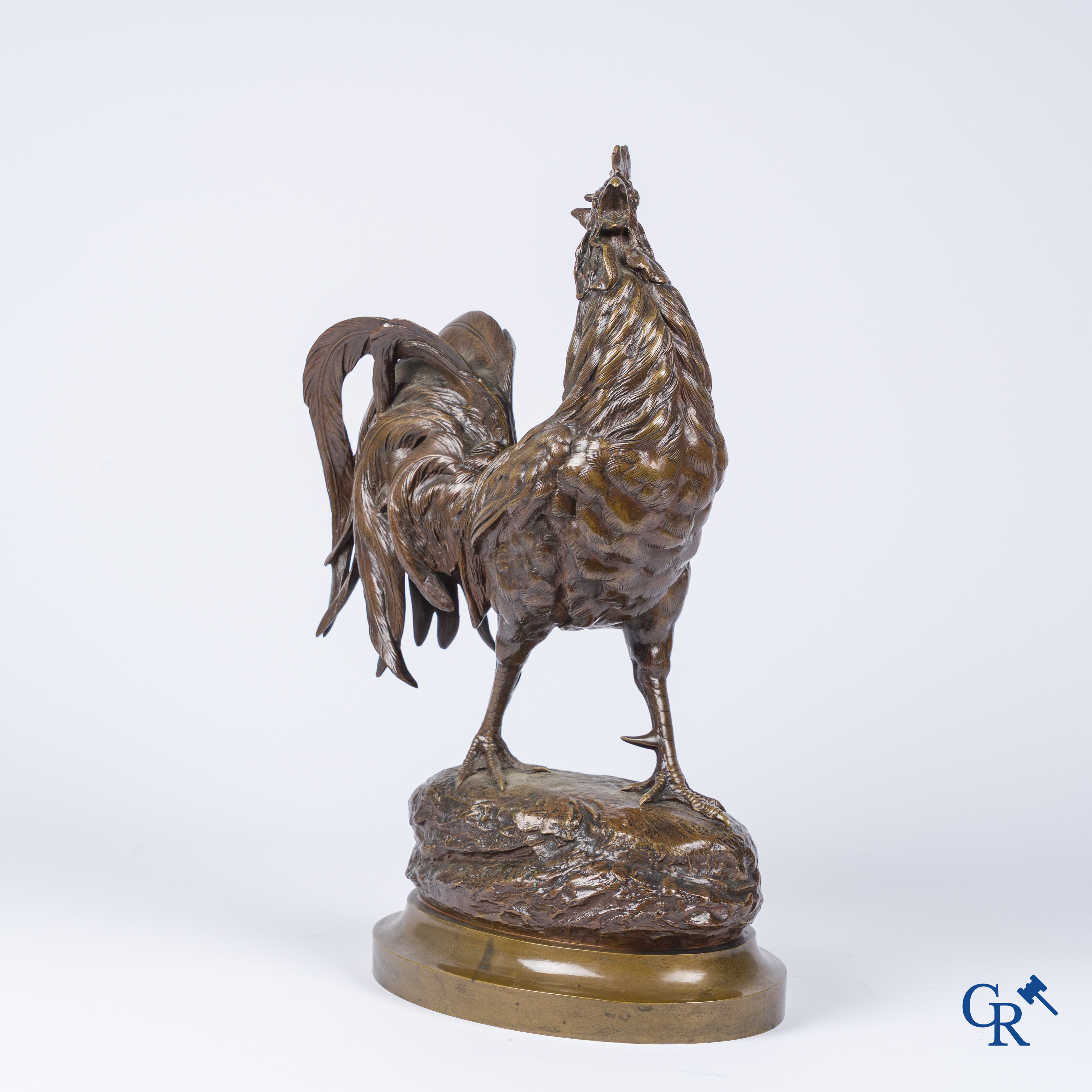 A Barye. Bronzen haan met bruine patine. Gesigneerd. 19e eeuw.