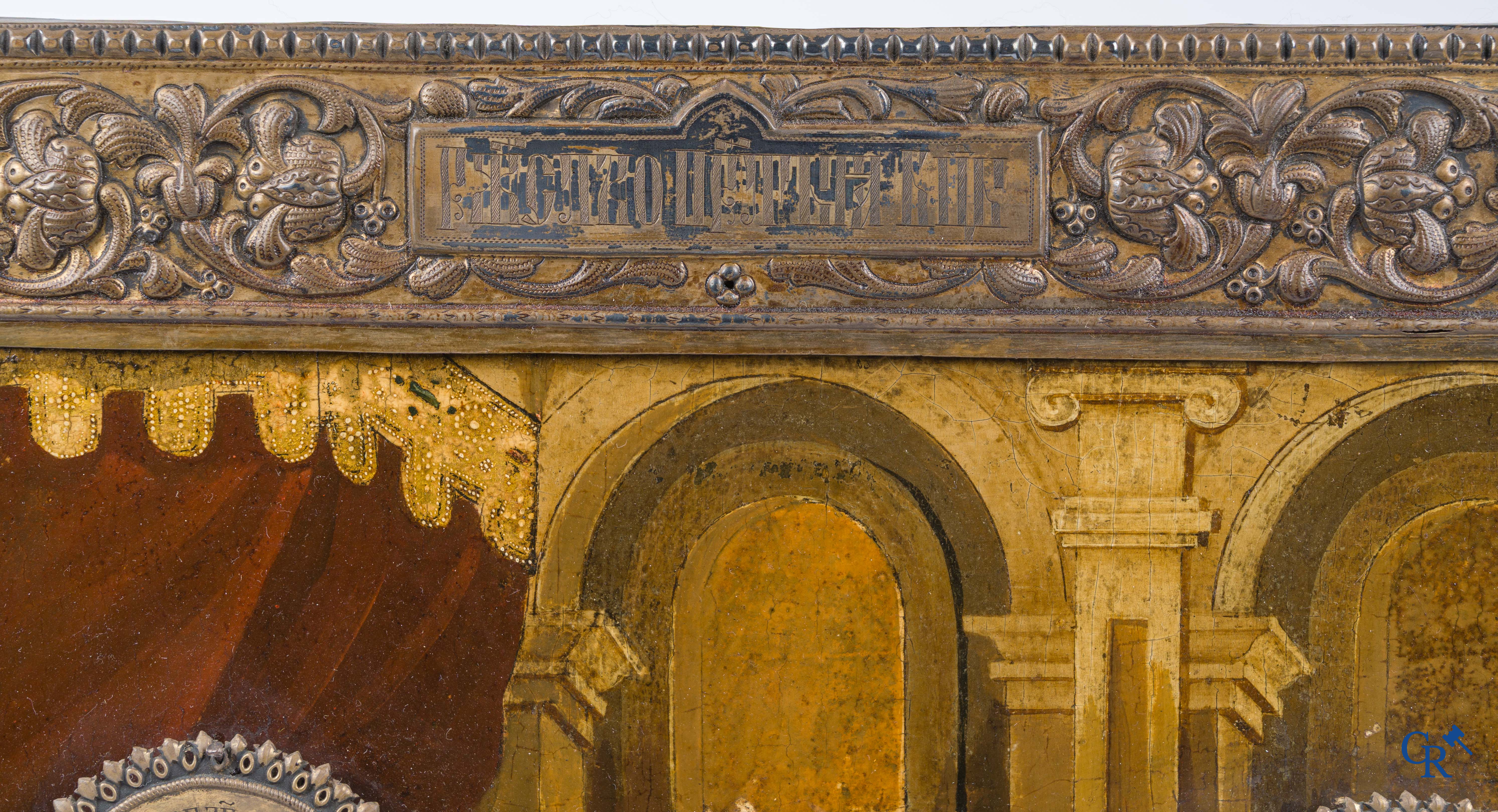 Russian work. The birth of Jesus. Important Russian icon with silver oklad. Silver grade 84 and dated 1883.