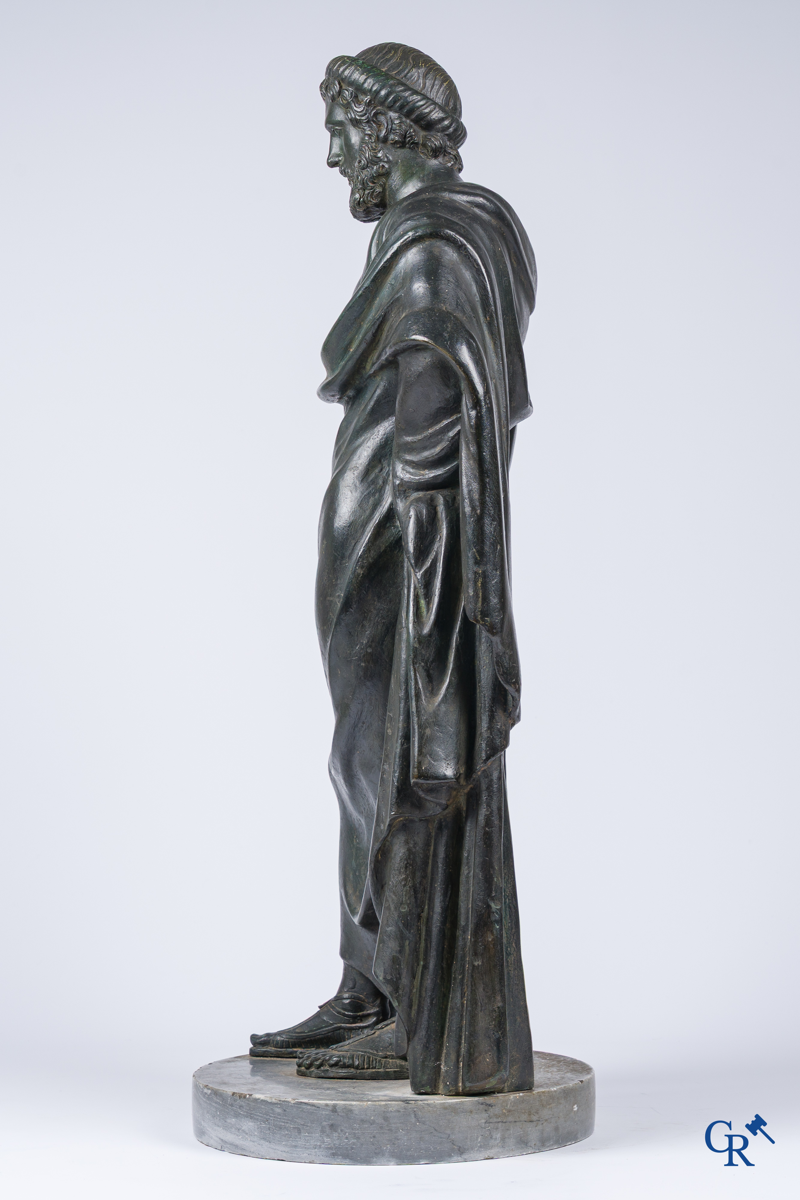 Asklepios. Greek god of medicine and healing. Pedestal in grey St. Anna marble. Late 18th - Early 19th century.
