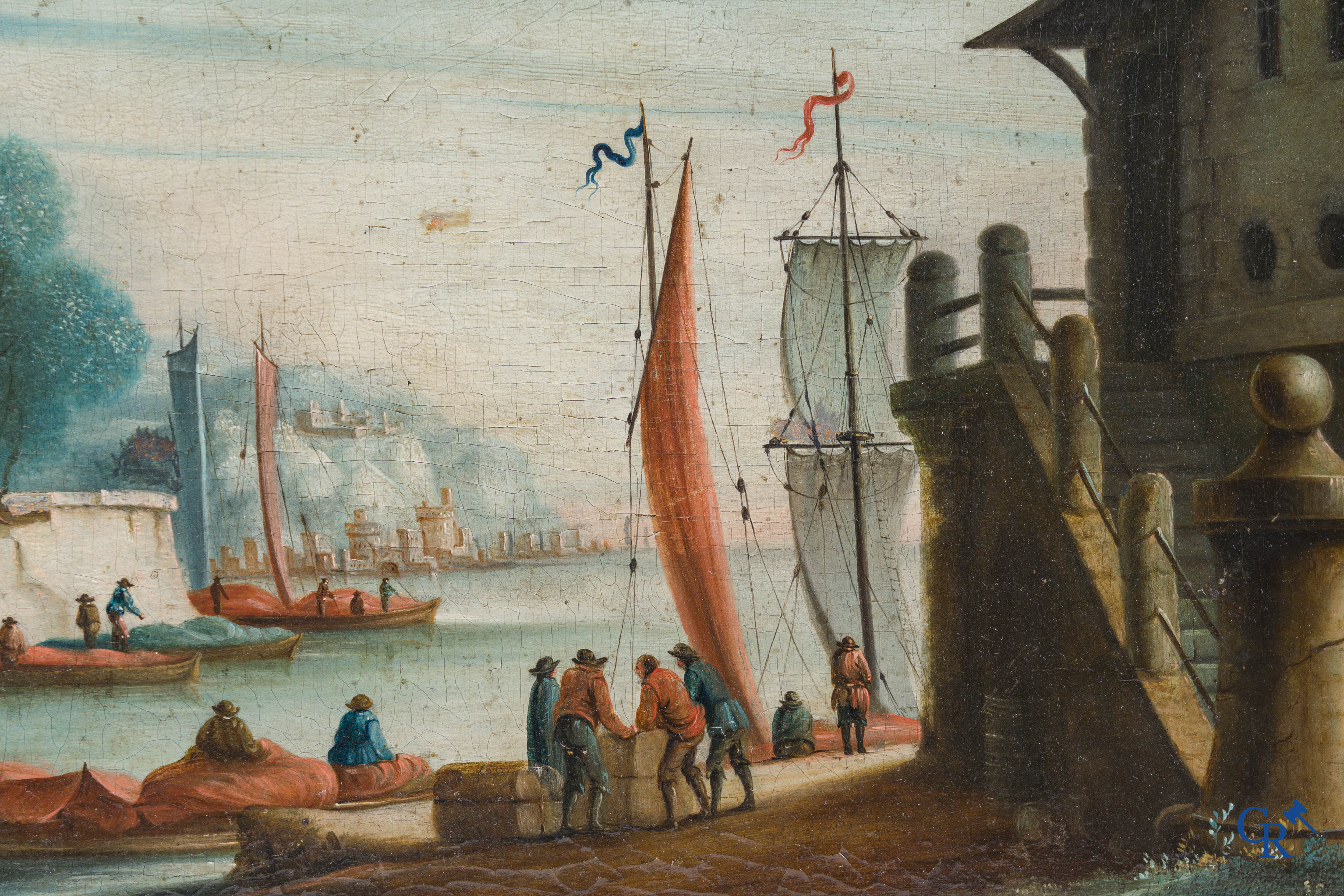 Schilderij, Havenzicht, Olie op paneel, 18e eeuw.
