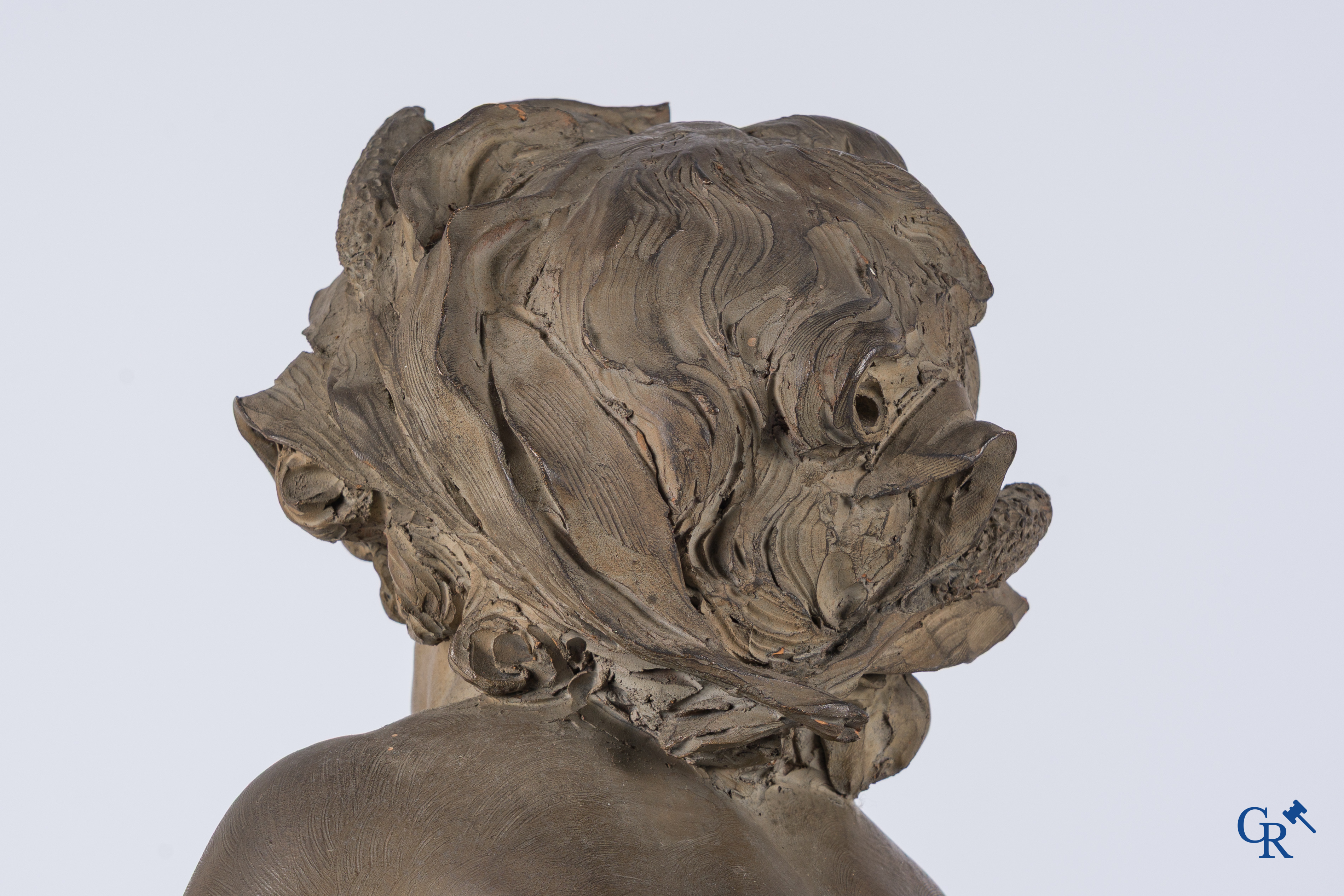 "La Source" A large terra cotta group on a wooden gilded pedestal. LXVI style. 19th century.