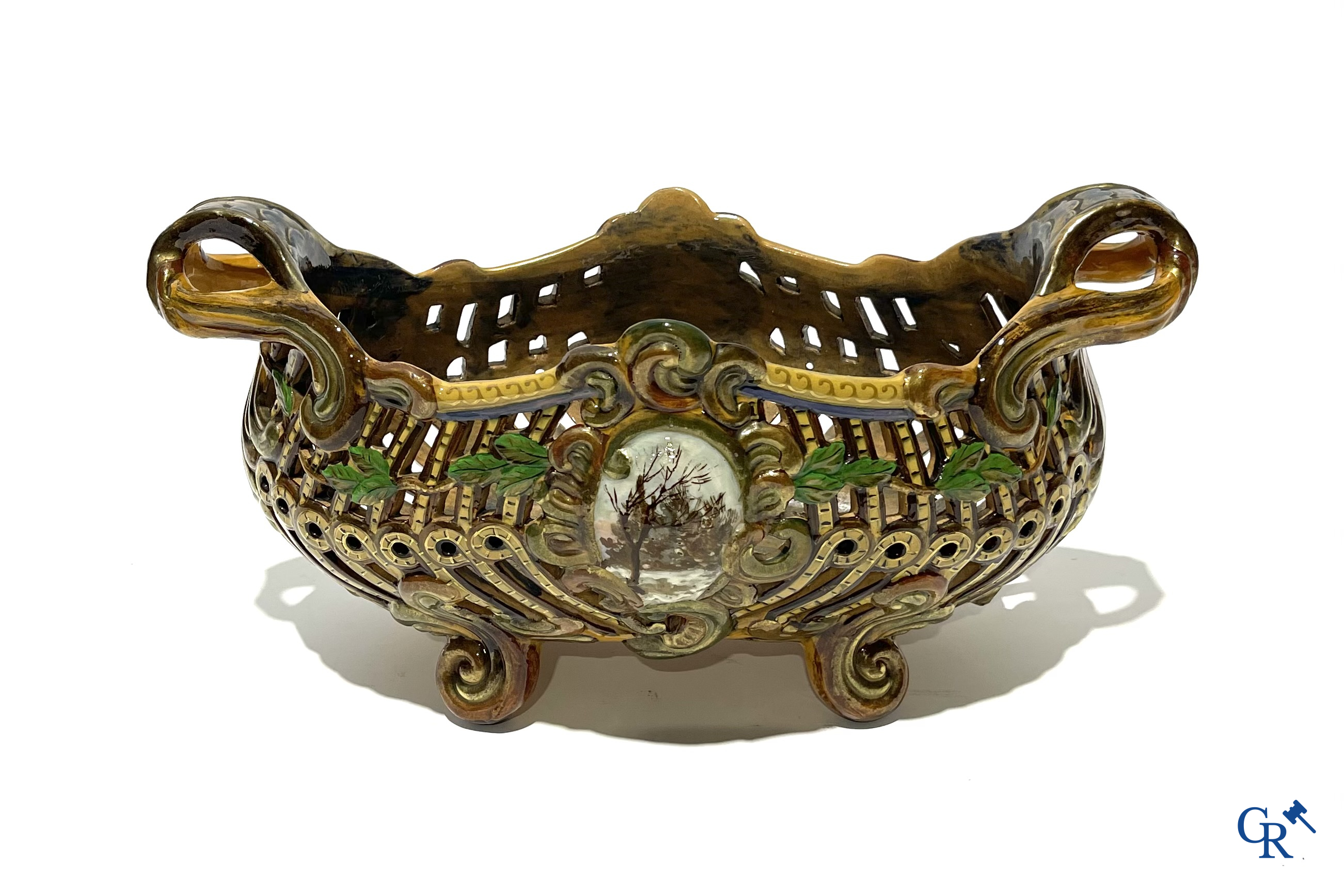 Emile Gallé Nancy, large table centrepiece in enamelled faience. Signed Gallé Nancy deposé.