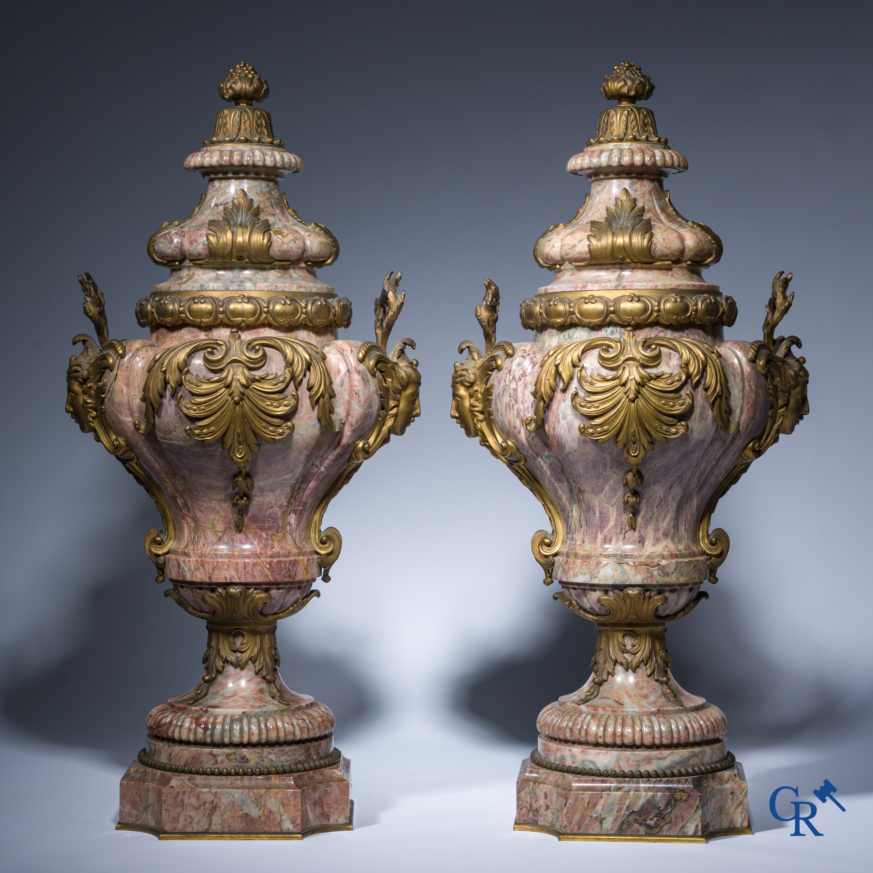 Exceptionally pair of cassolettes in finely carved marble and bronze mounts. LXVI style.