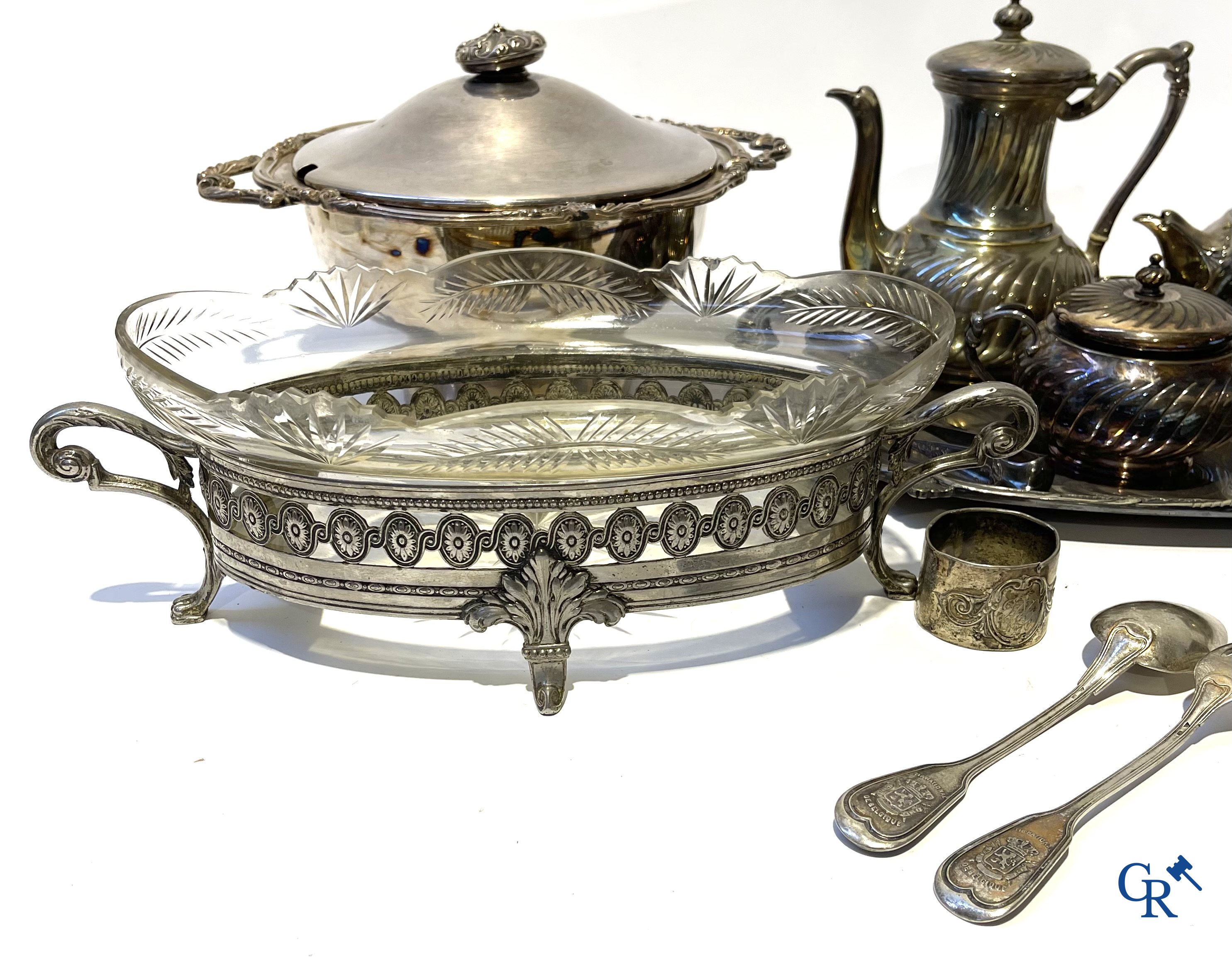 A lot with silver and silver-plated objects, Christofle, Wiskemann, a jardiniere with crystal coupe, etc.