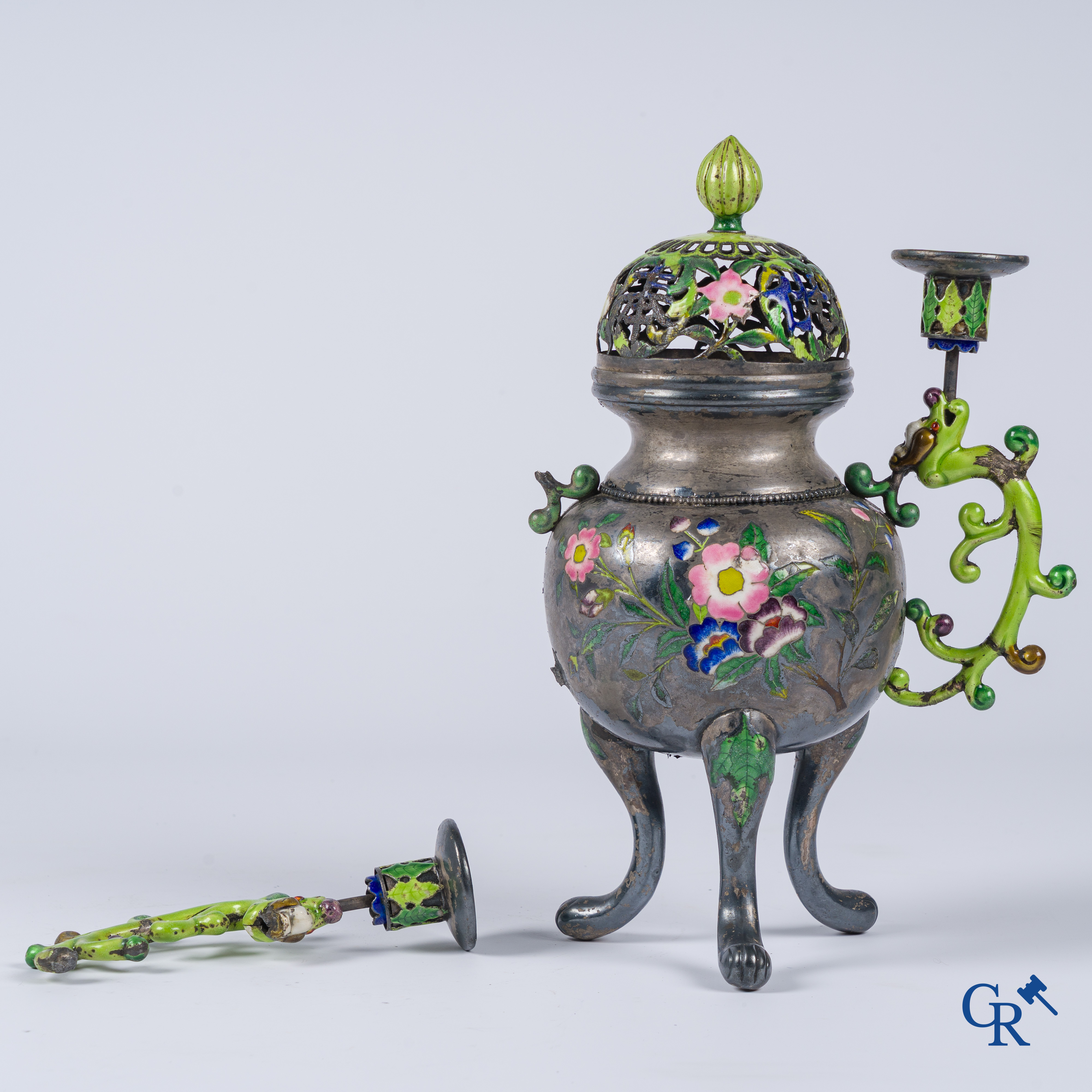 Asian Art, a Chinese silver and enamelled incense burner with candle holders. Marked. 18th-19th century.