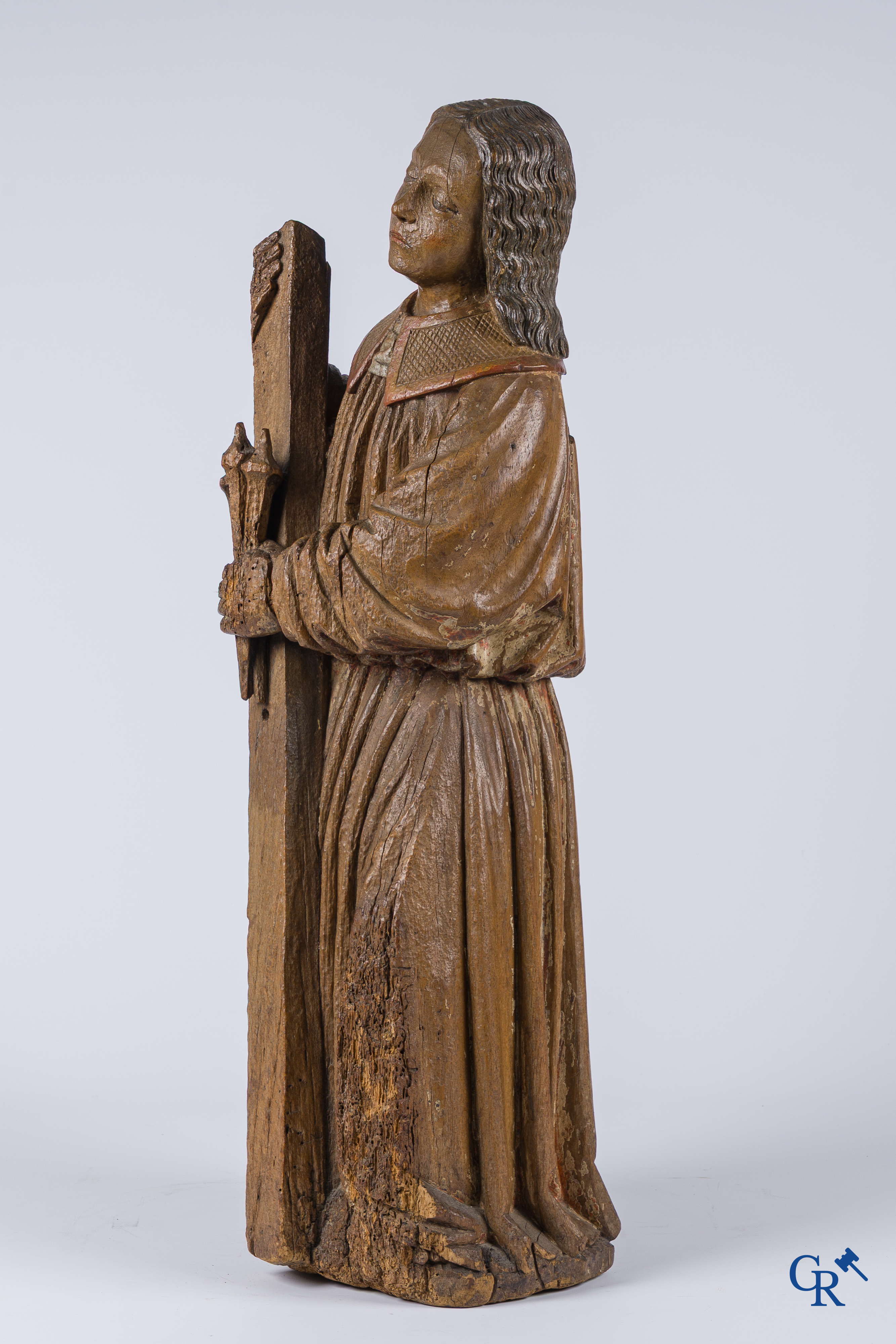 Religious objects, an antique wood carved representation of an archangel. Traces of polychromy.