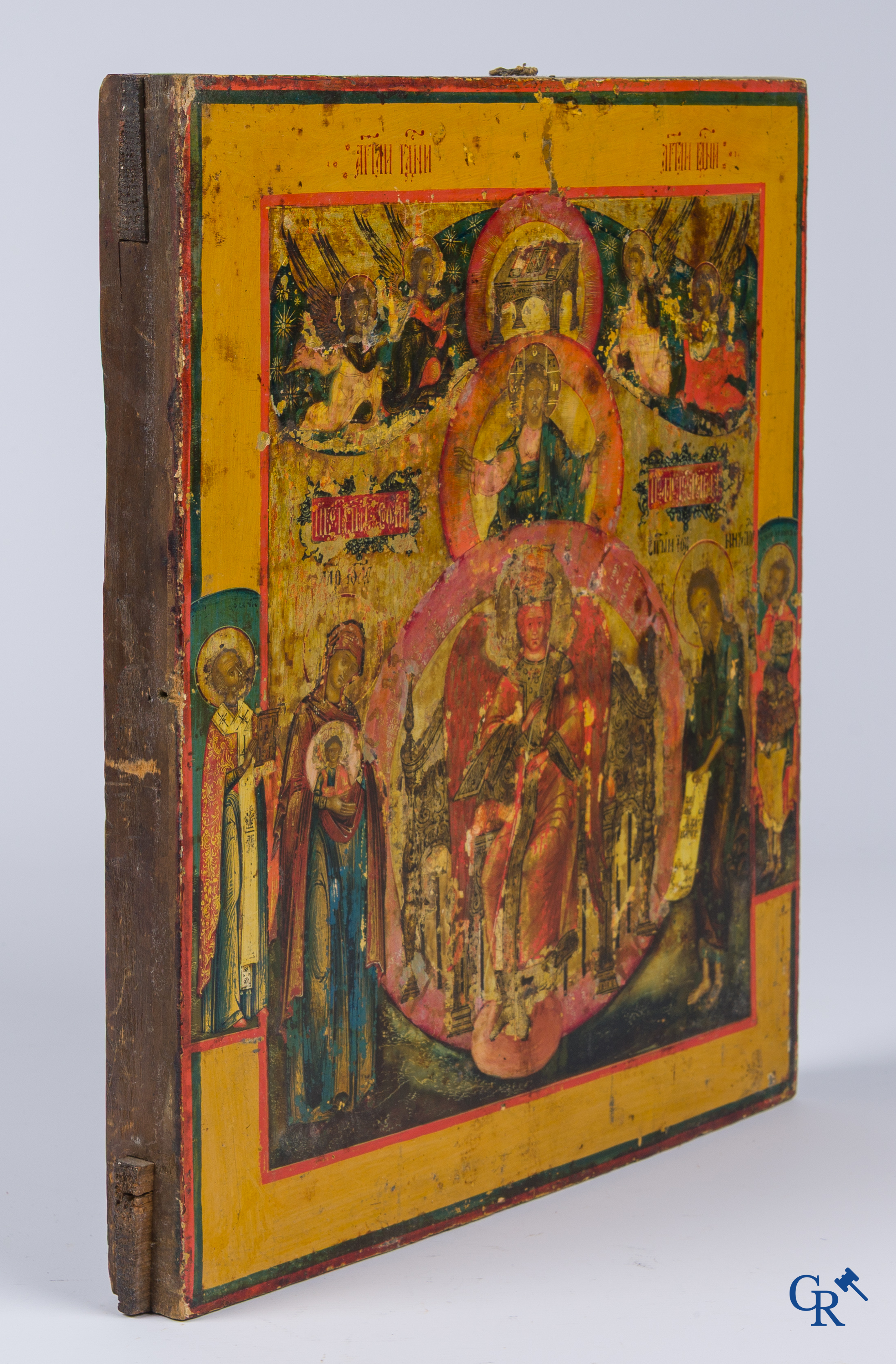 Russisch werk. Icoon, tempera op hout met zilver oklad. Gemerkt.