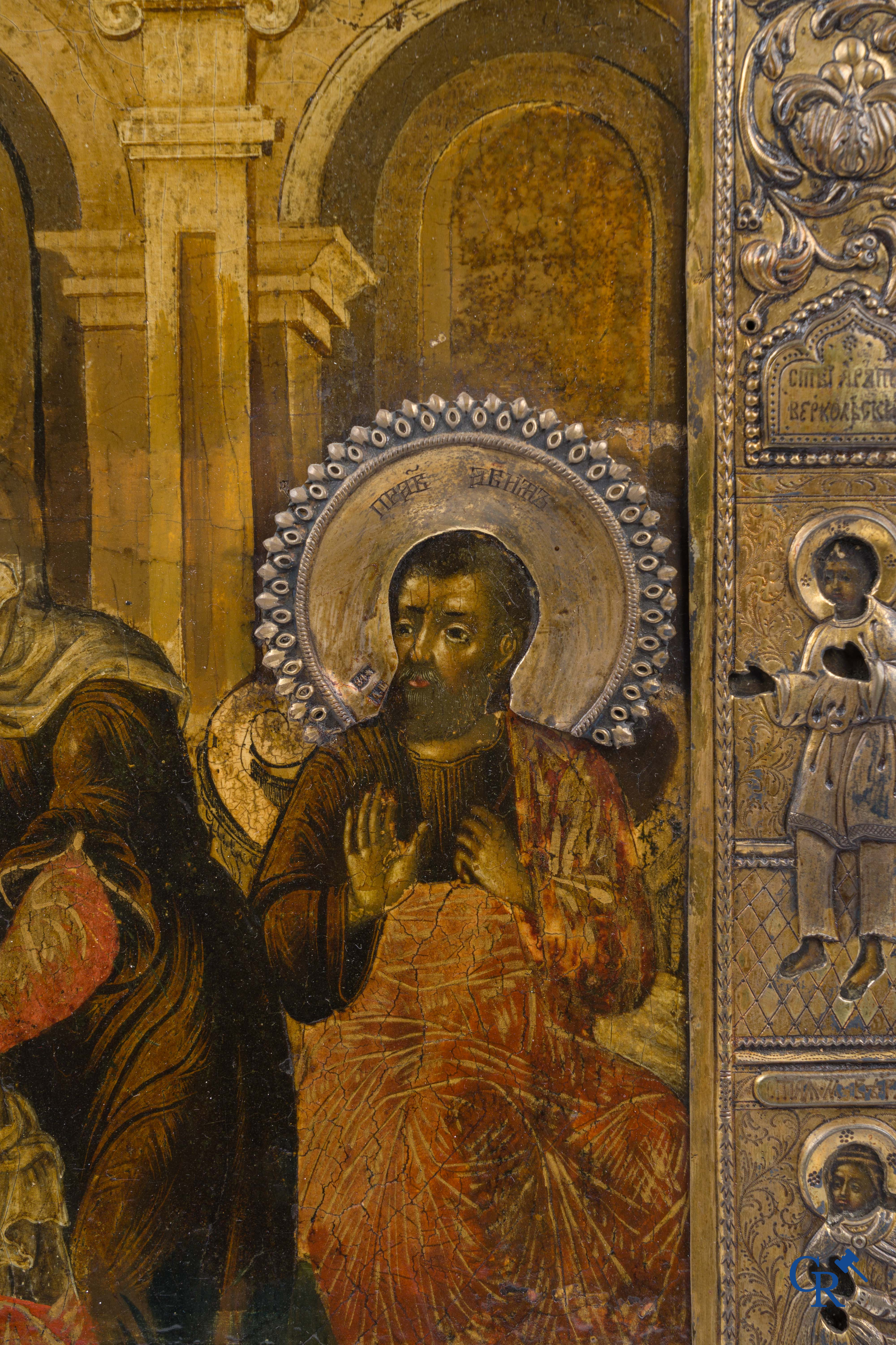 Russian work. The birth of Jesus. Important Russian icon with silver oklad. Silver grade 84 and dated 1883.