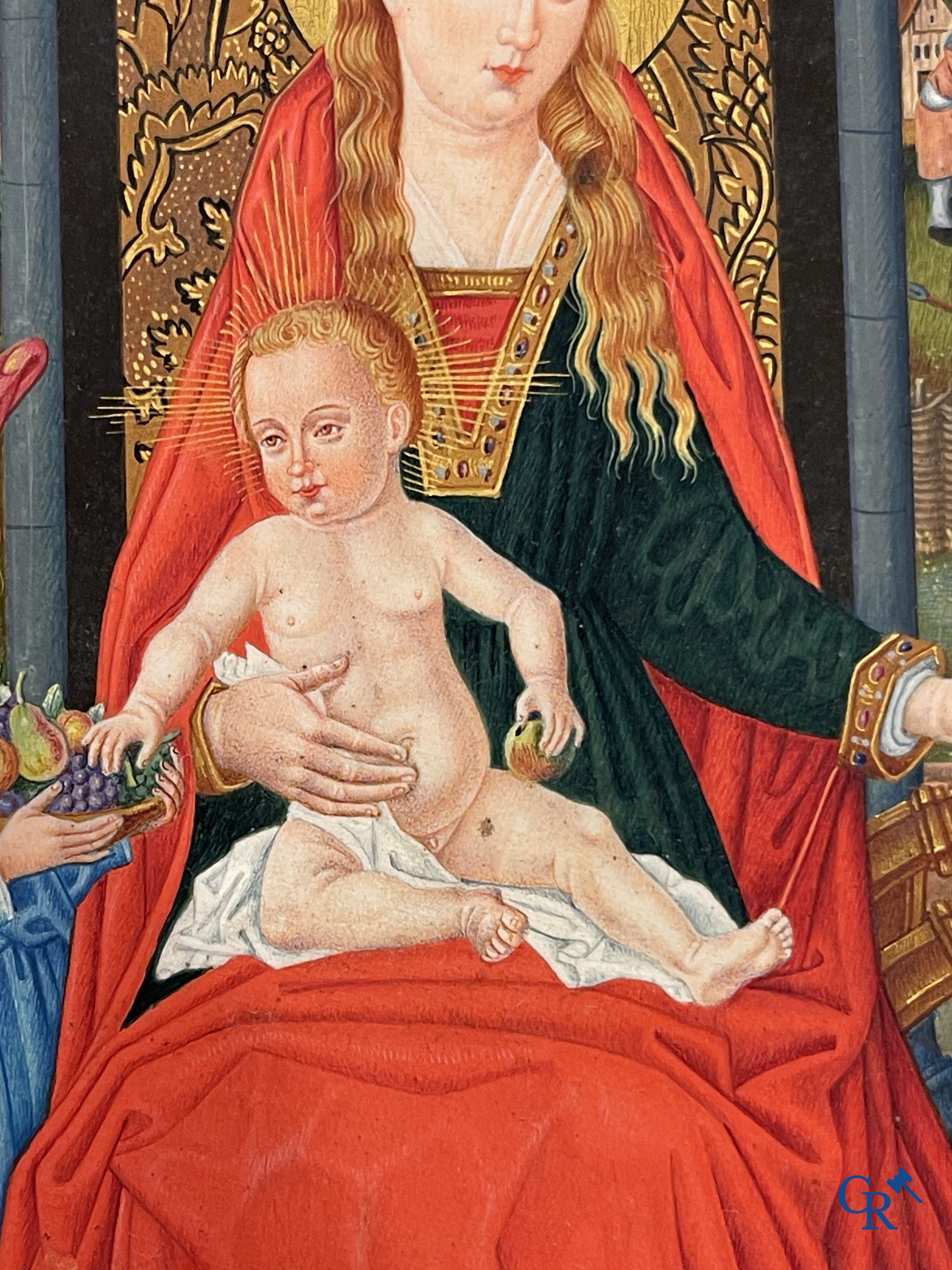 Uitzonderlijk miniatuurschilderij, Madonna en kind met de engelen. In de stijl van de Vlaamse Primitieven. 19e eeuw.