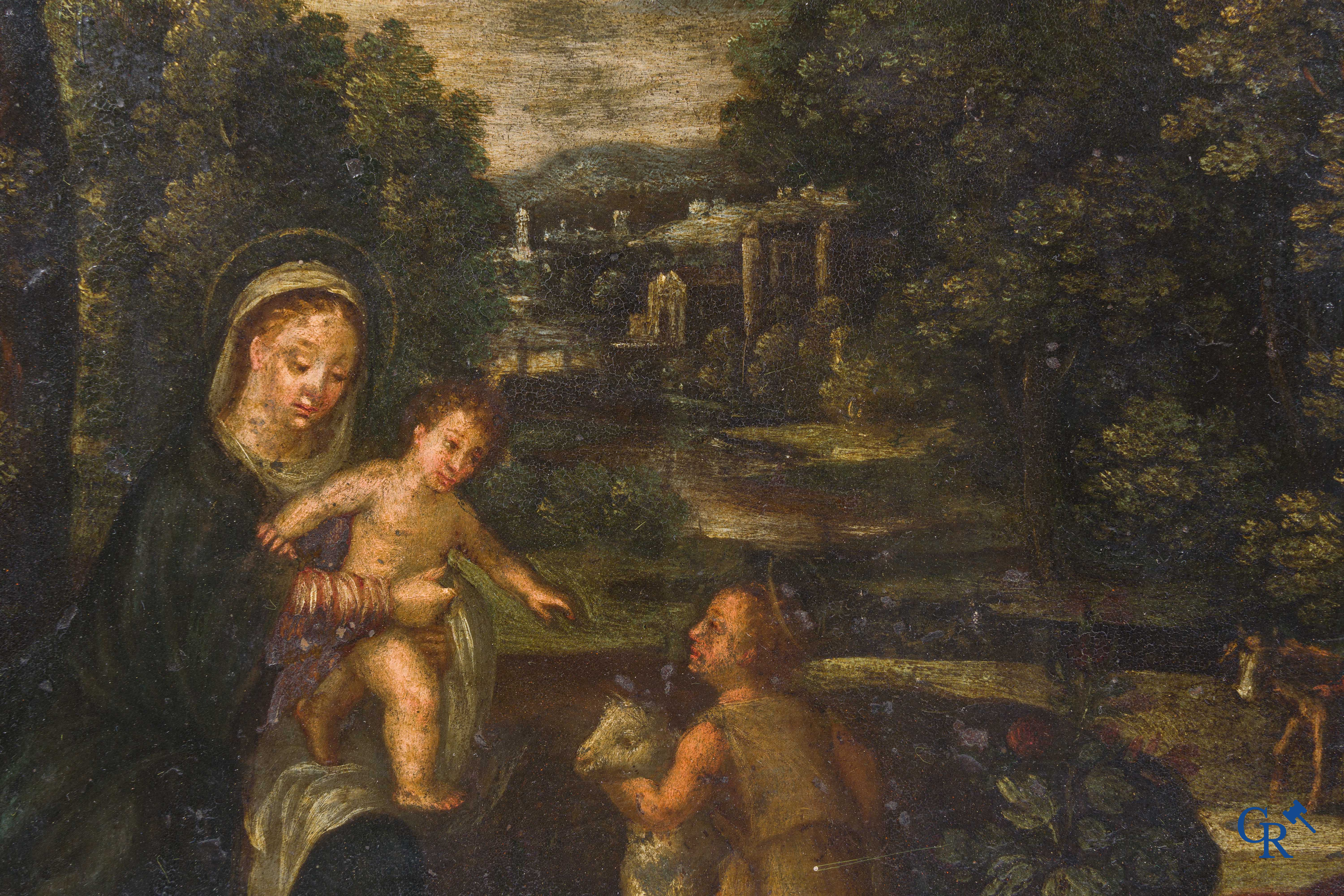 Antiek religieus schilderij. De Heilige Maria, Jezus en Sint Johannes de Doper. Olie op koper. 18e-19e eeuw.