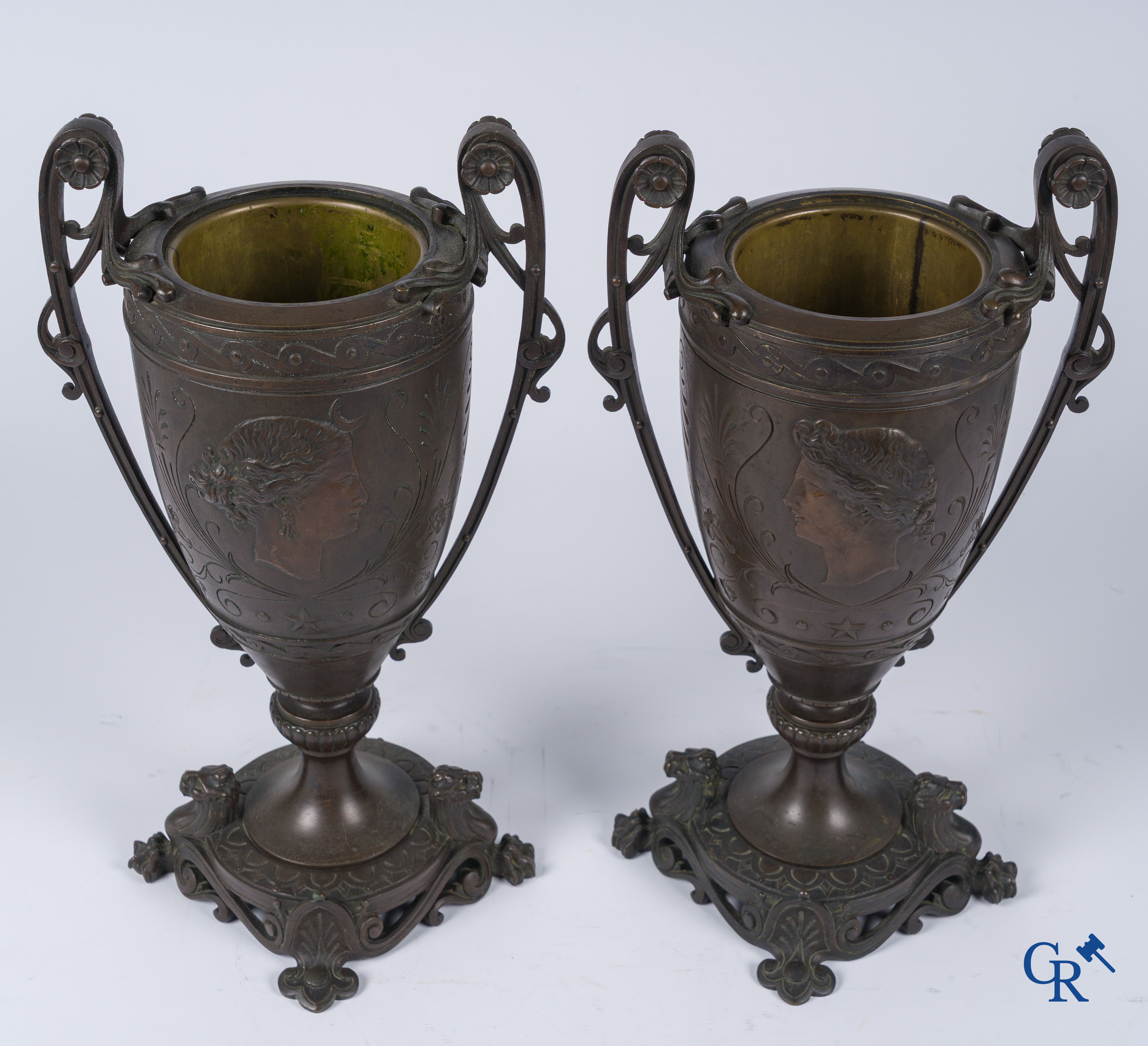 Louis Léon Cugnot (1835-1894) A large 3-piece bronze chimney set "La Fileuse" Signed L. Cugnot.