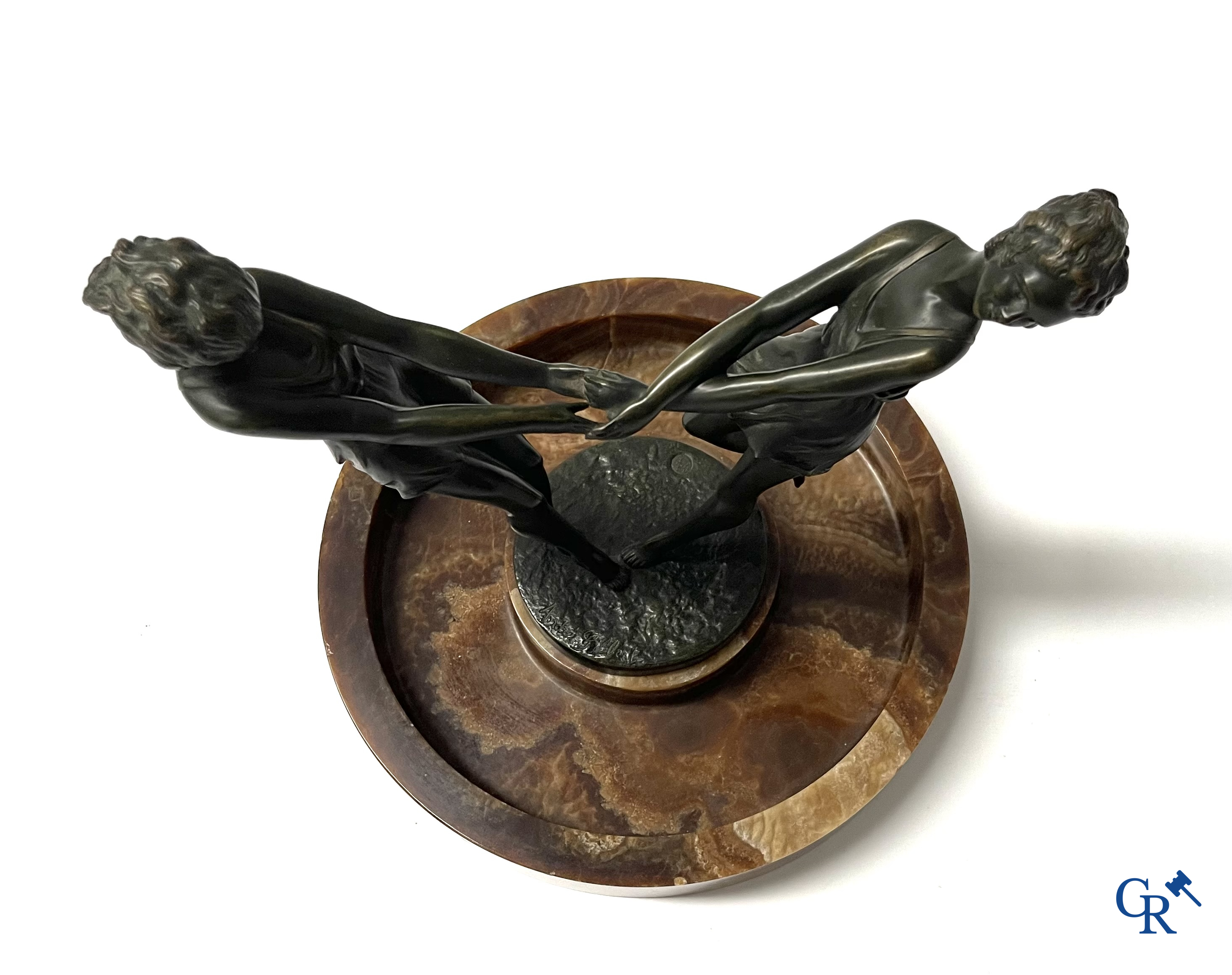 Art Deco, André Gilbert. Table center piece in bronze and onyx. Foundry LN Paris JL. Circa 1930.