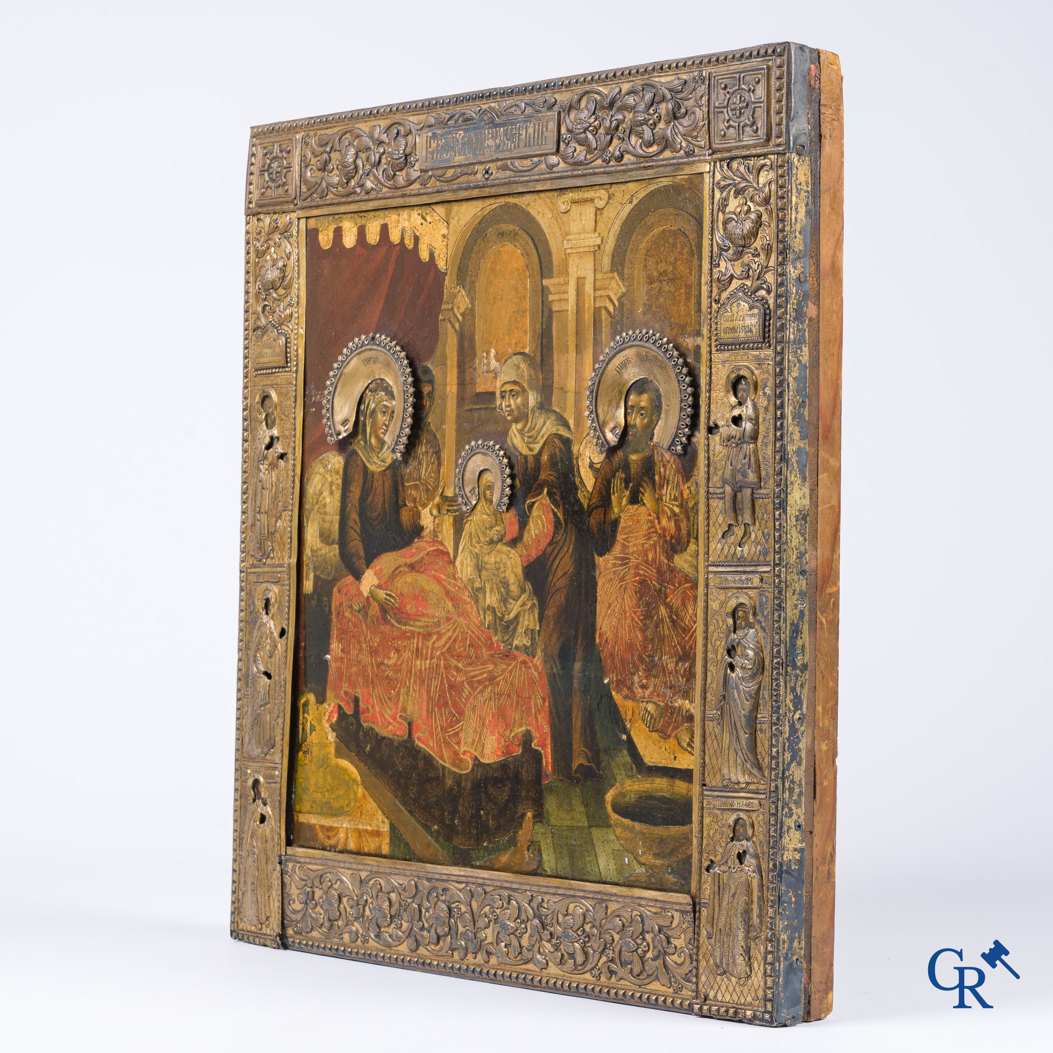 Russian work. The birth of Jesus. Important Russian icon with silver oklad. Silver grade 84 and dated 1883.