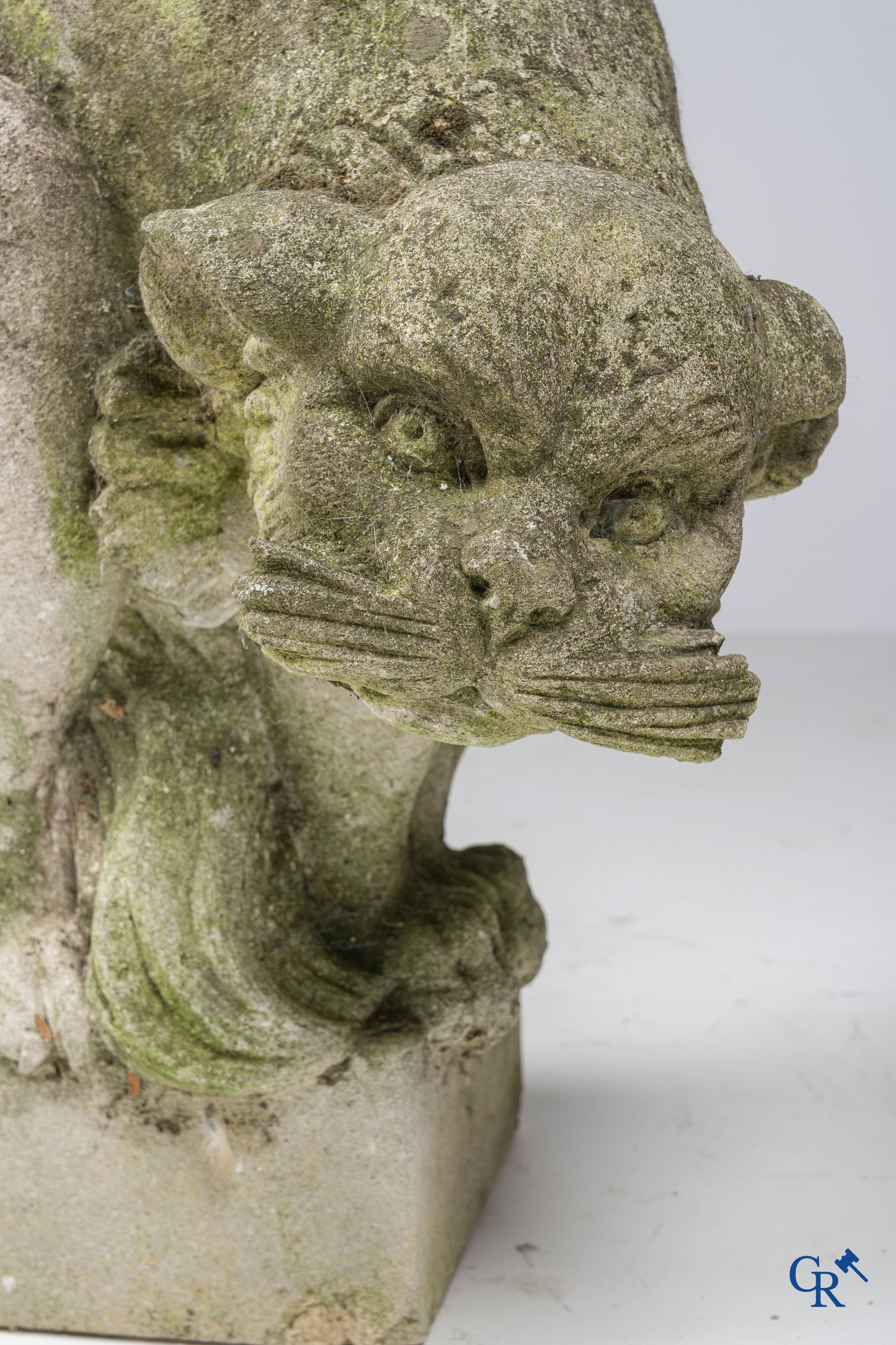 Exceptionally pair of large ornaments depicting cats in hand-sculpted limestone. Circa 1900.