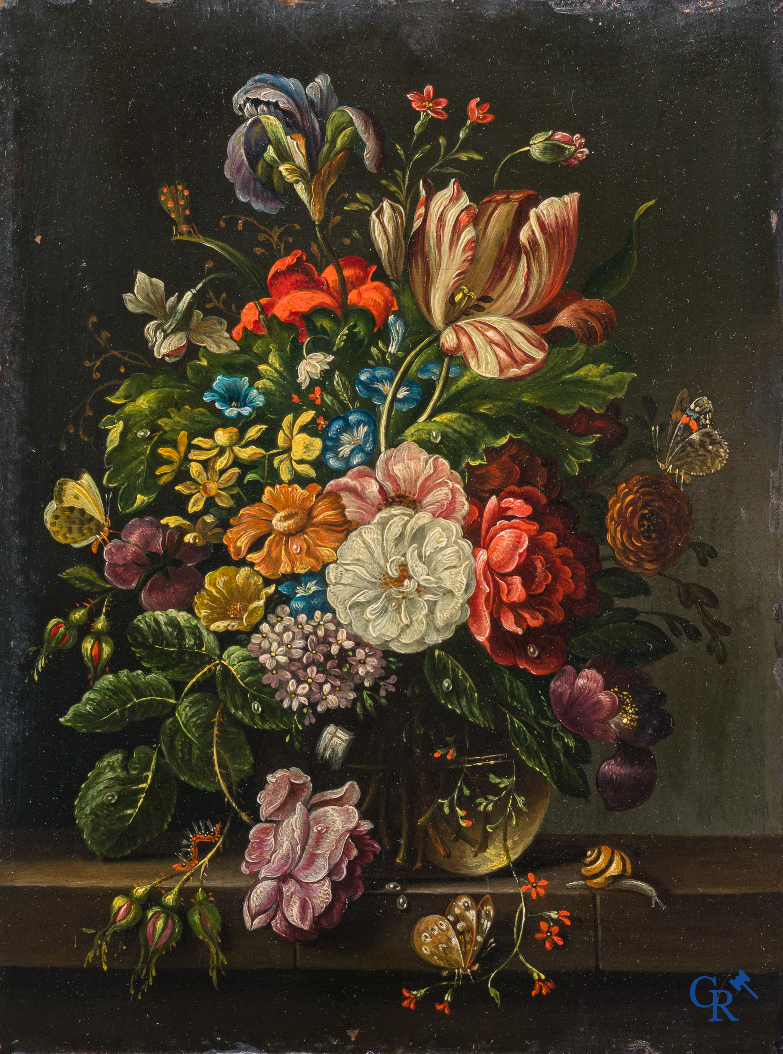 Peinture. Nature morte aux fleurs et aux insectes. Huile sur cuivre. 18e-19e siècle.