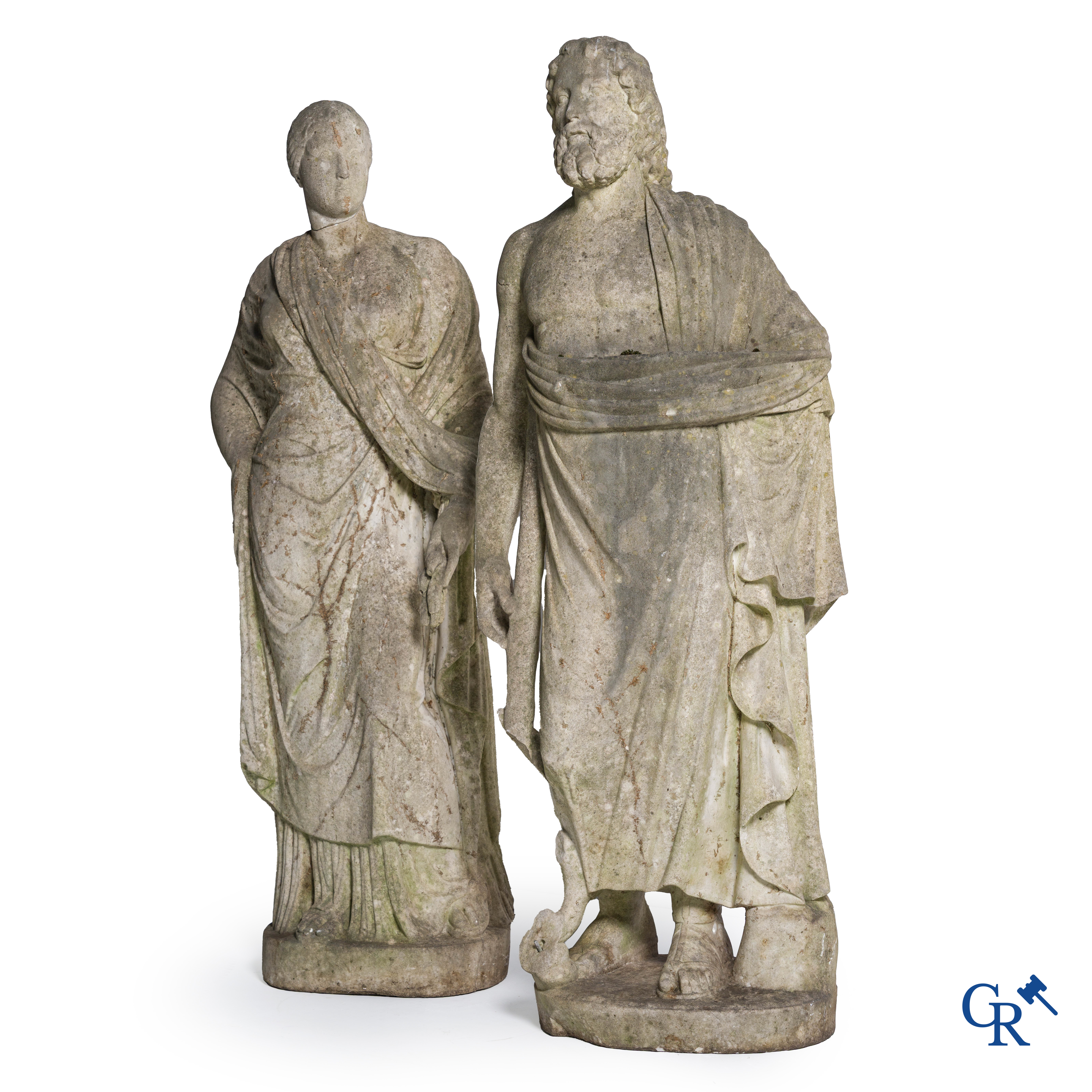 2 Imposing sculptures in carved marble. The Roman goddess Cerès and the Greek god Asklepios. Circa 1700-1750.