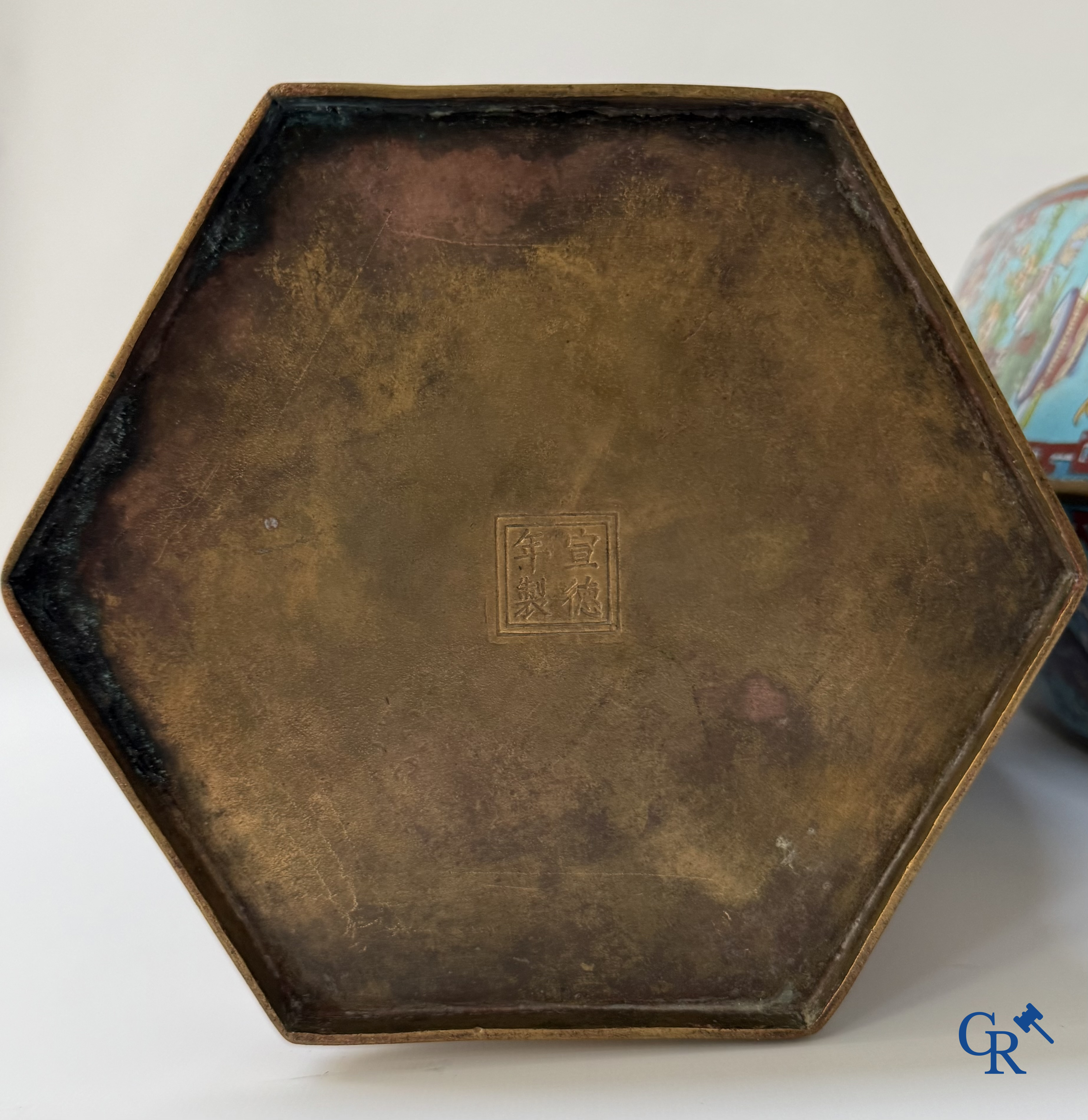 Asian Art, a large pair of hexagonal Chinese cloisonné vases with a decor of antiques.