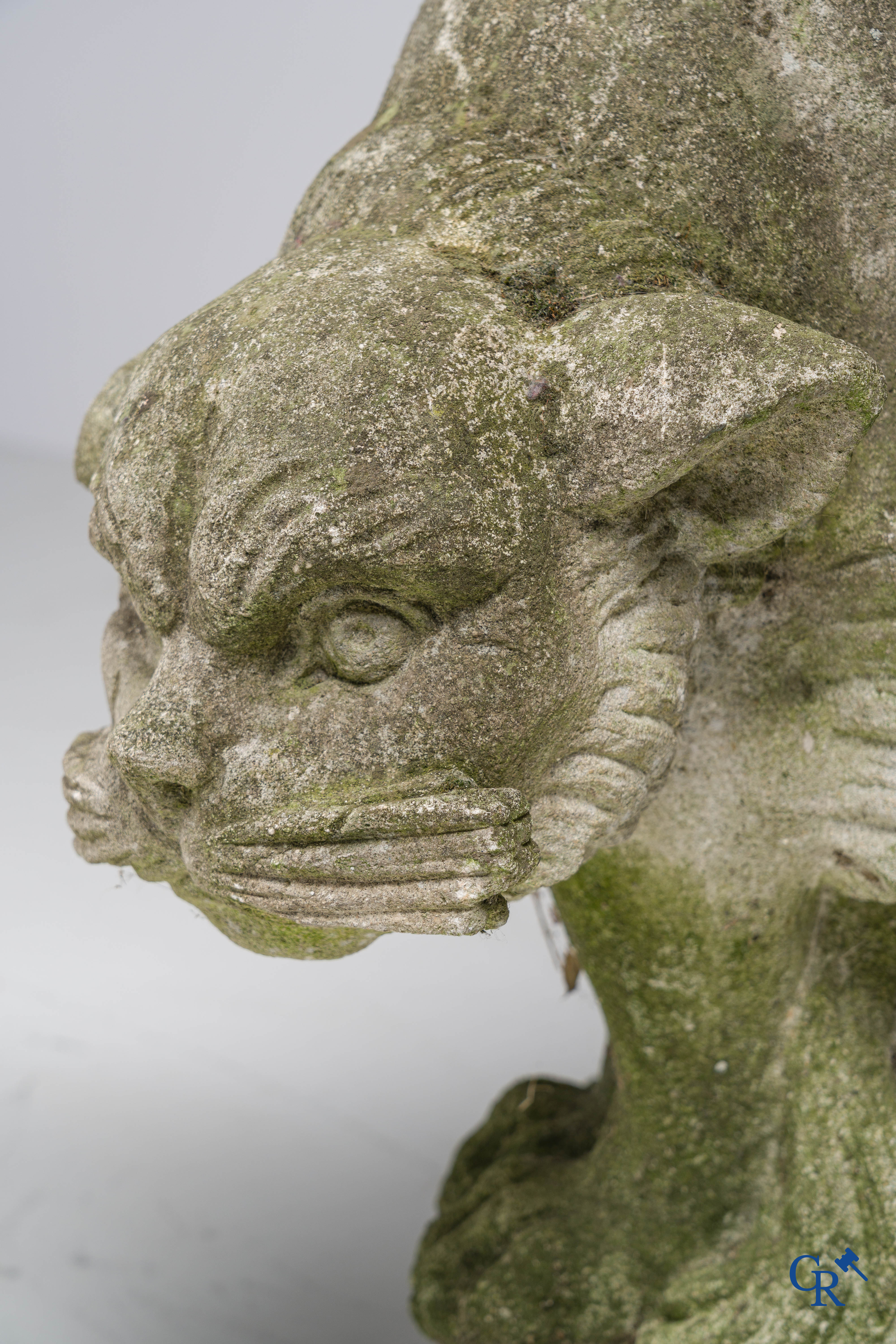 Exceptionally pair of large ornaments depicting cats in hand-sculpted limestone. Circa 1900.