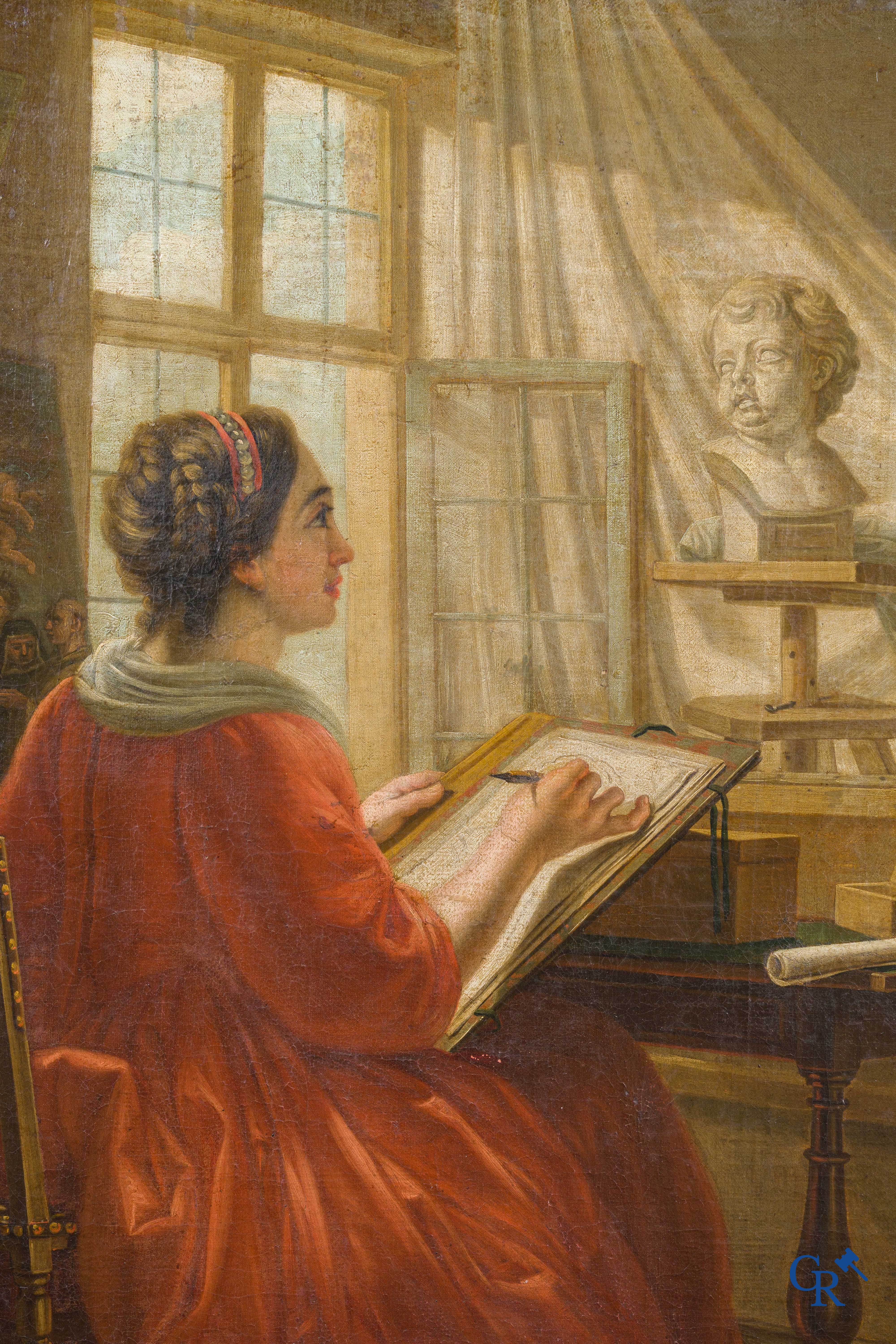 Franse school. "De tekenles". Schilderij, olie op doek. 19e eeuw.