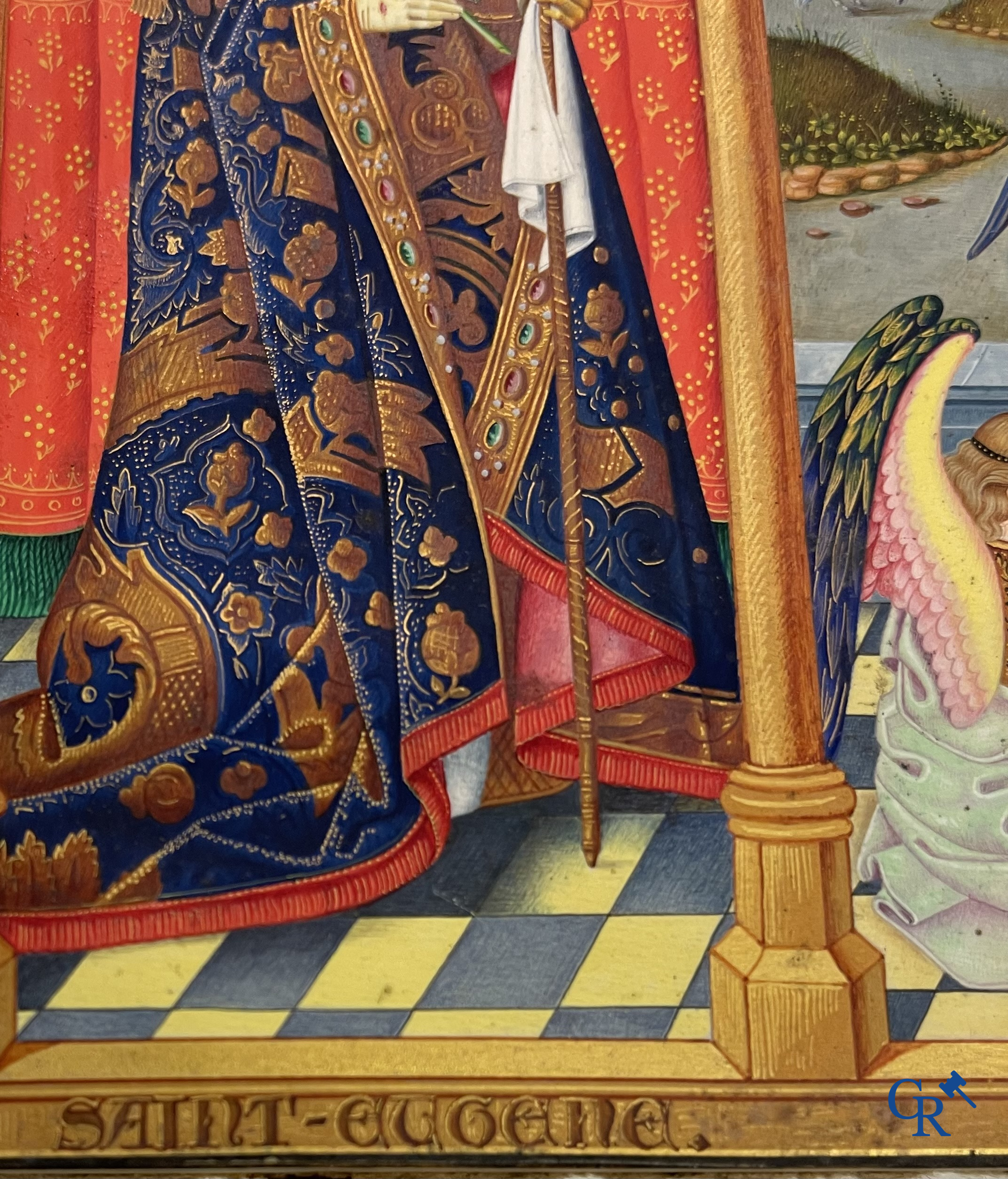 Uitzonderlijk miniatuurschilderij, Madonna en kind met de engelen. In de stijl van de Vlaamse Primitieven. 19e eeuw.