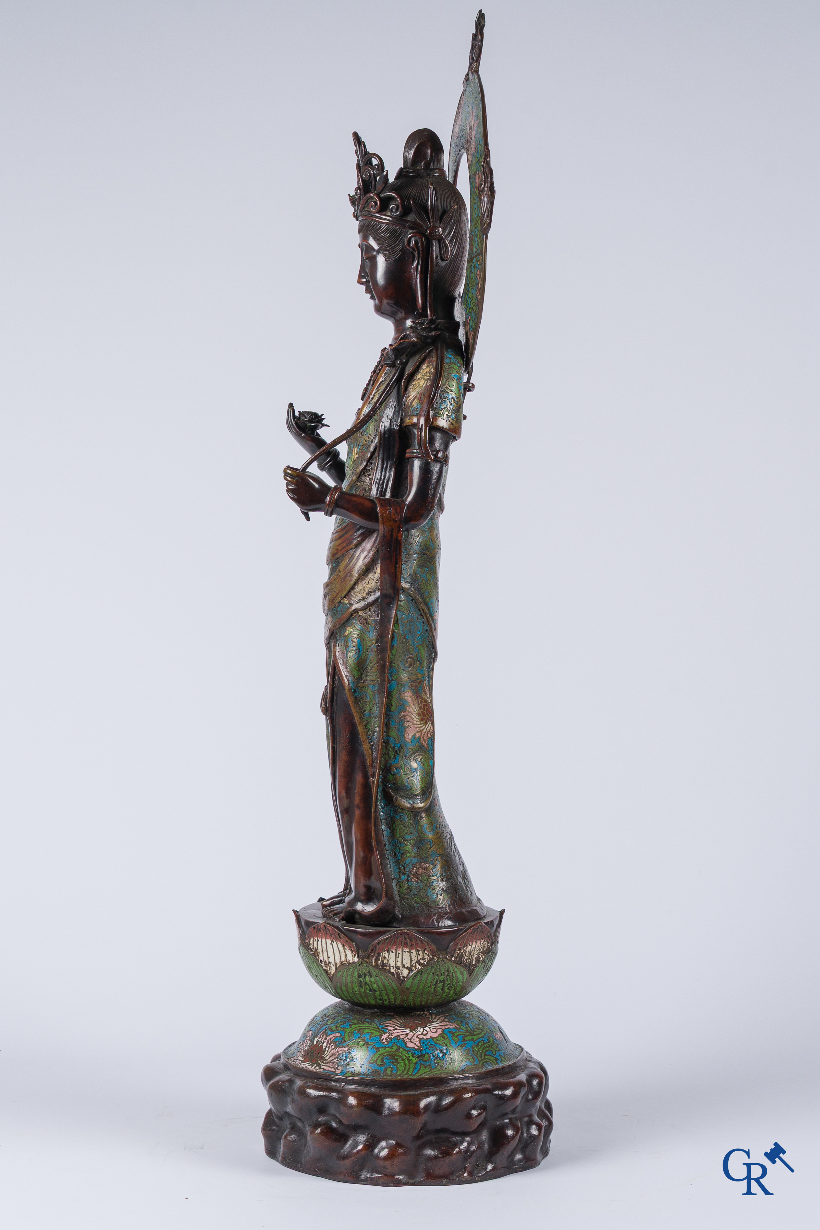 Asian Art, a large Japanese champlevé bronze figure of a standing Guanyin. 19th century.