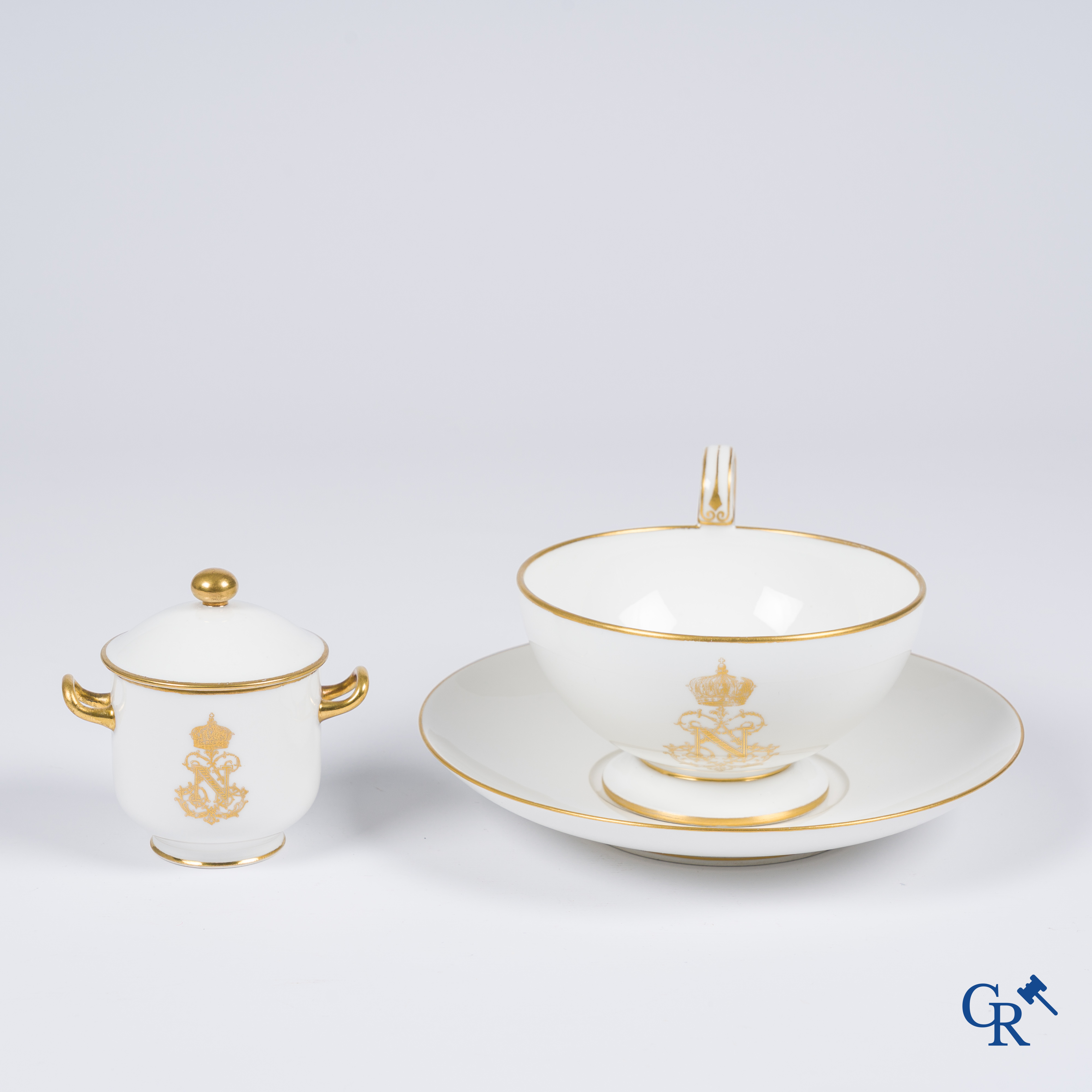 Sèvres, Napoléon III. Large cup and saucer, a small sugar pot attached. Marked and dated 1861, '64 and '67.