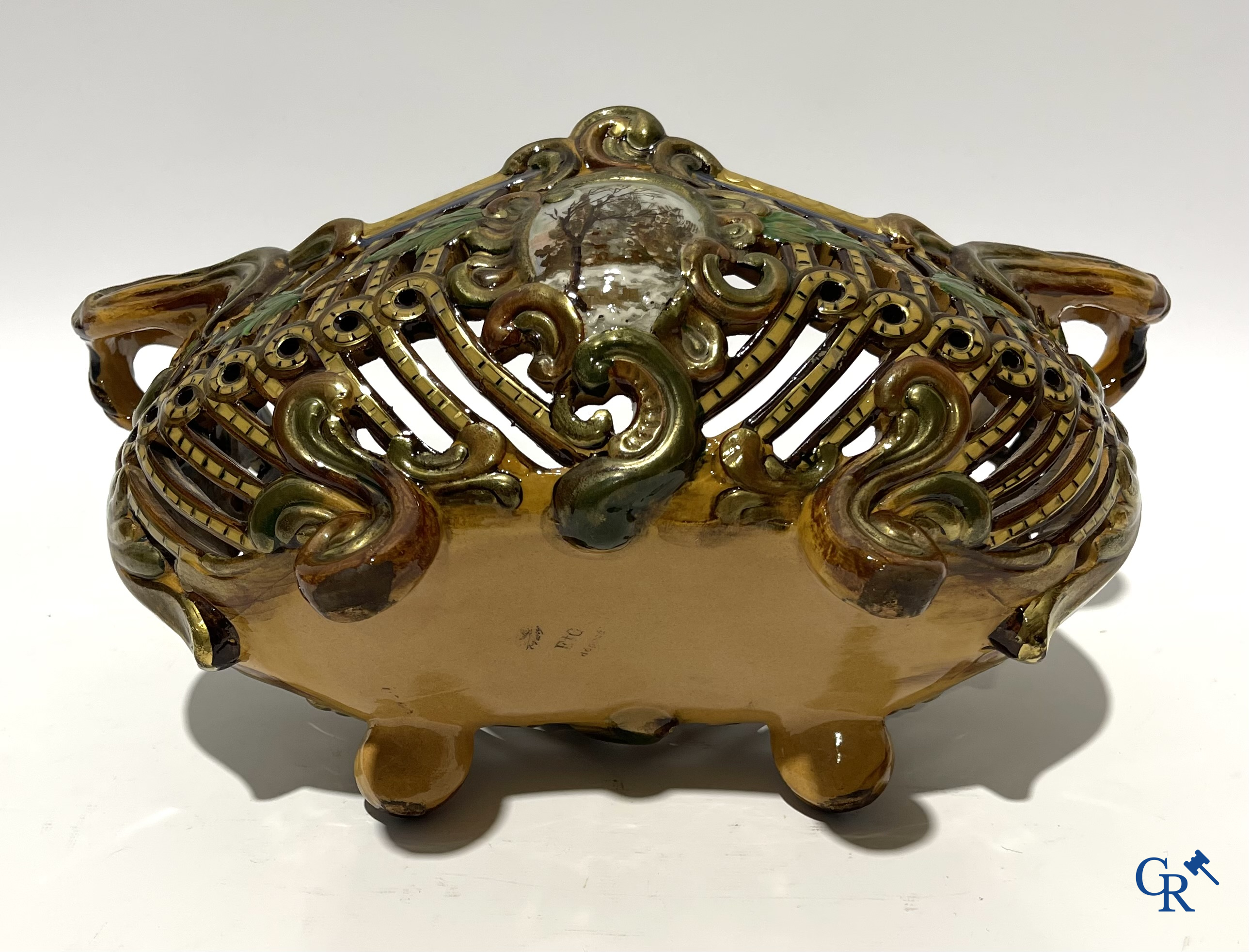 Emile Gallé Nancy, large table centrepiece in enamelled faience. Signed Gallé Nancy deposé.